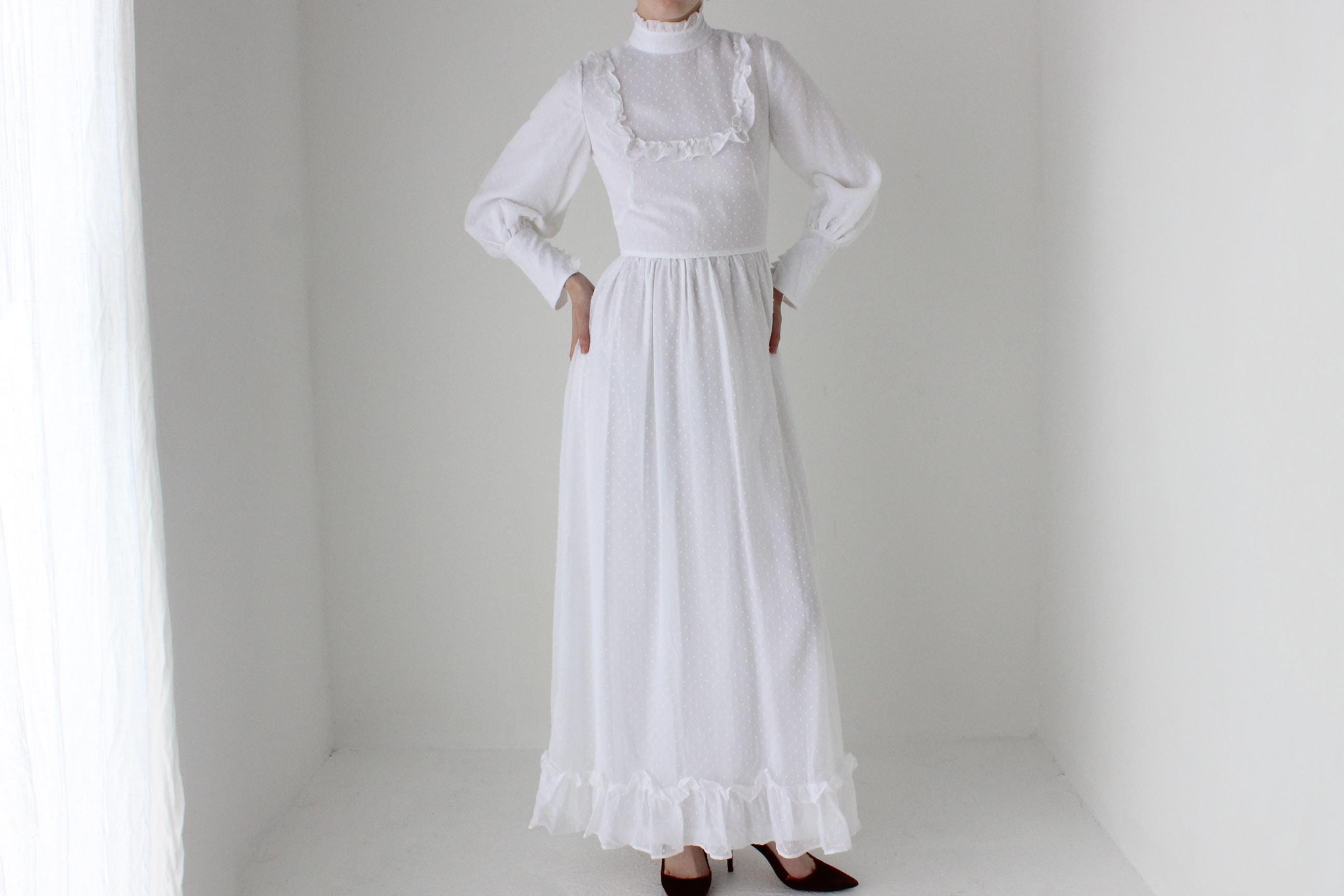 Romantic 1970s White Cotton Long Sleeve Prairie Wedding Dress