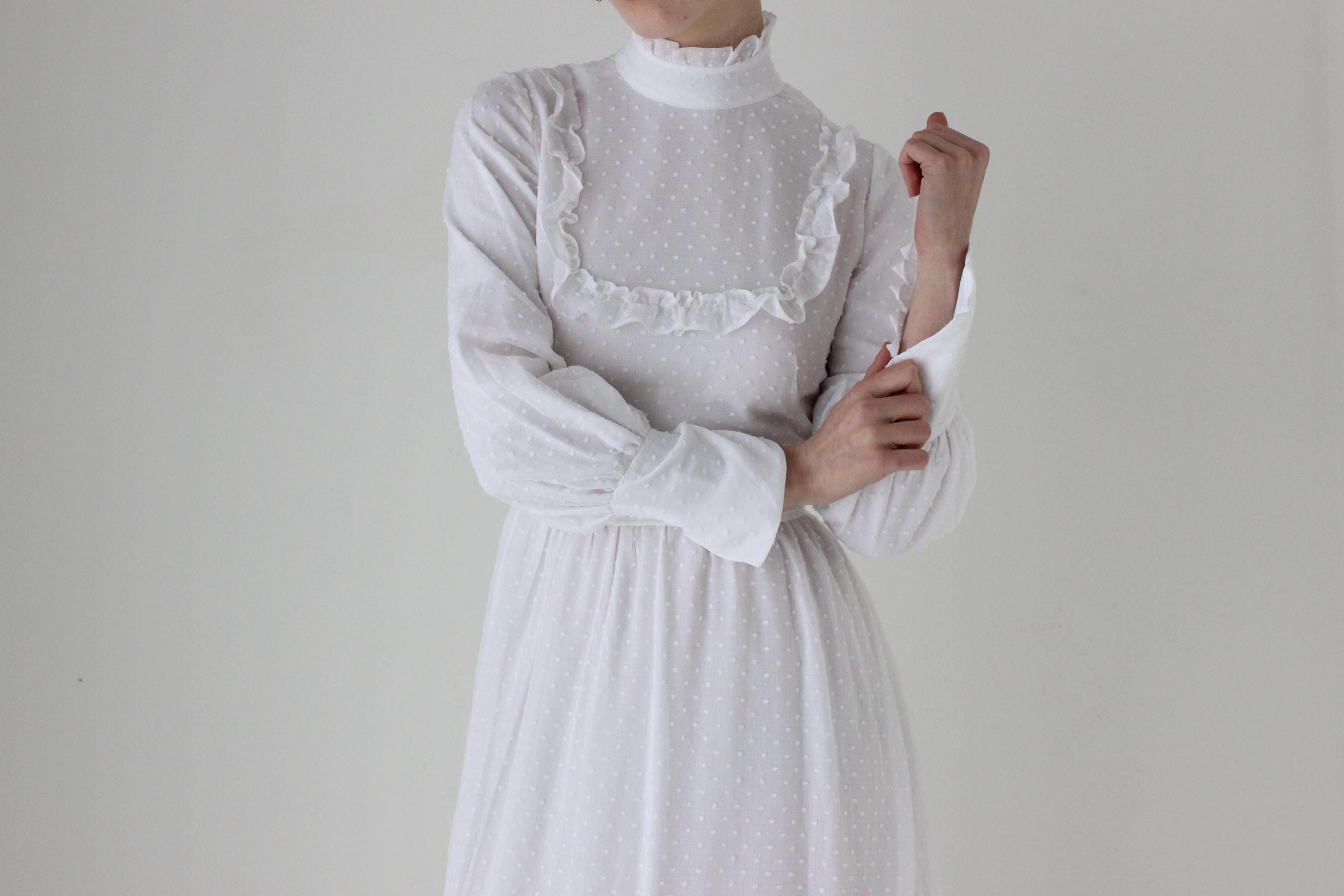 Romantic 1970s White Cotton Long Sleeve Prairie Wedding Dress