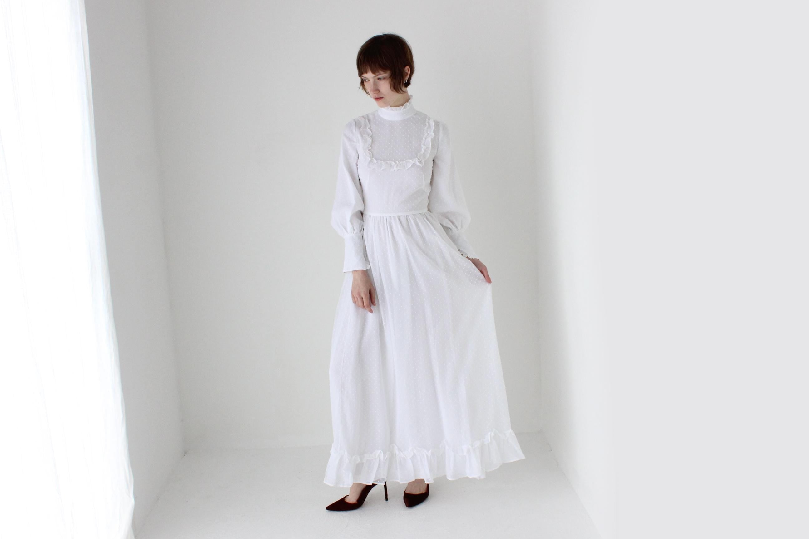 Romantic 1970s White Cotton Long Sleeve Prairie Wedding Dress