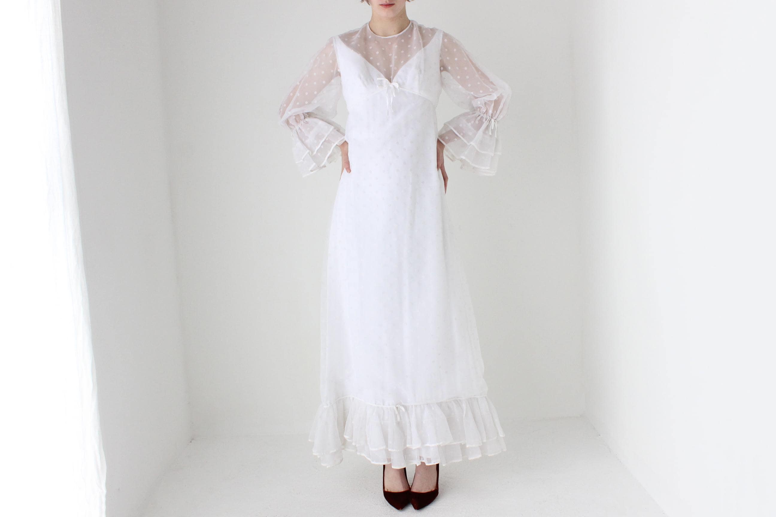 1970s Sheer Polka Dot & Ruffle Empire Waist Wedding Dress