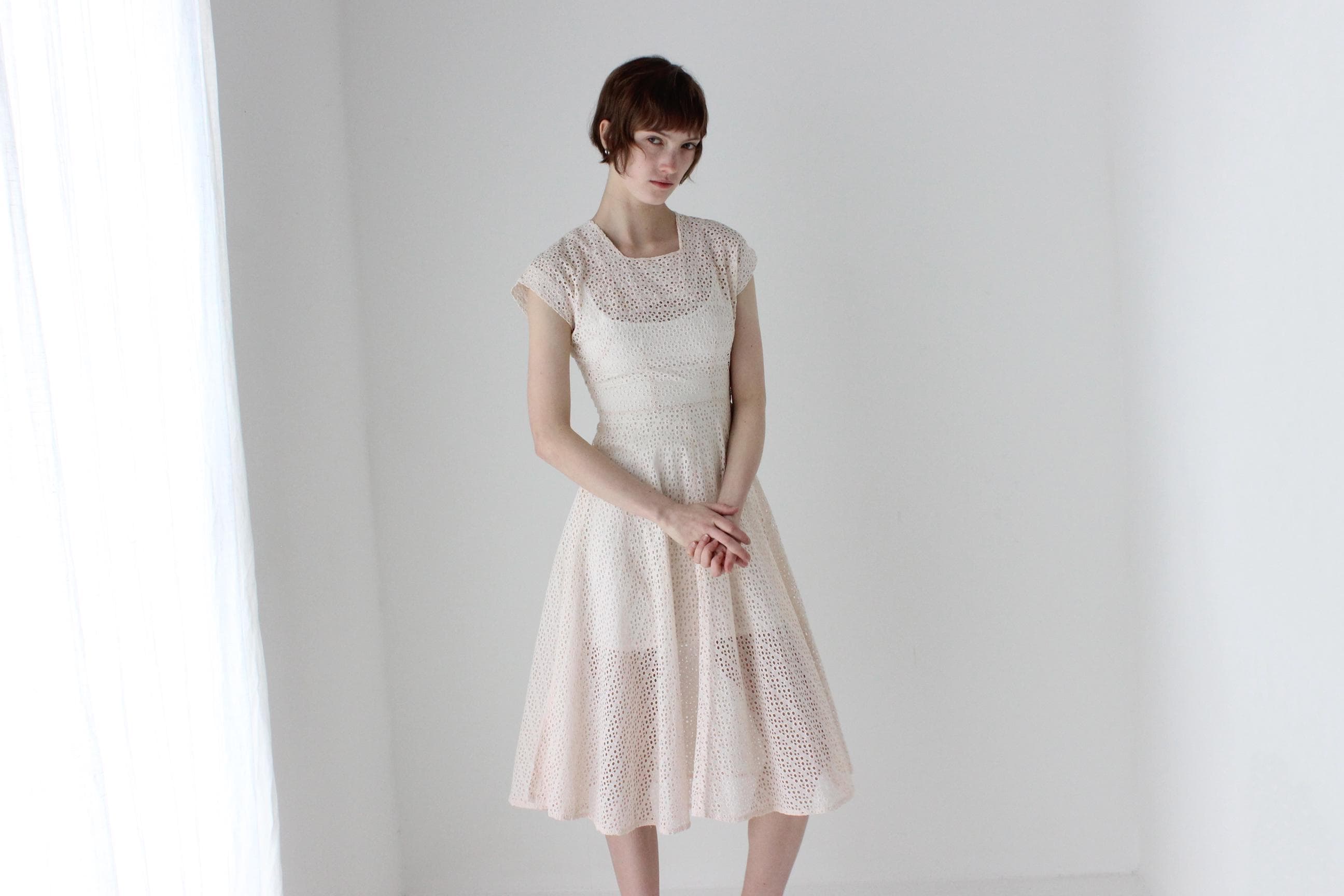 1950s Blush Pink Cotton Eyelet Dress