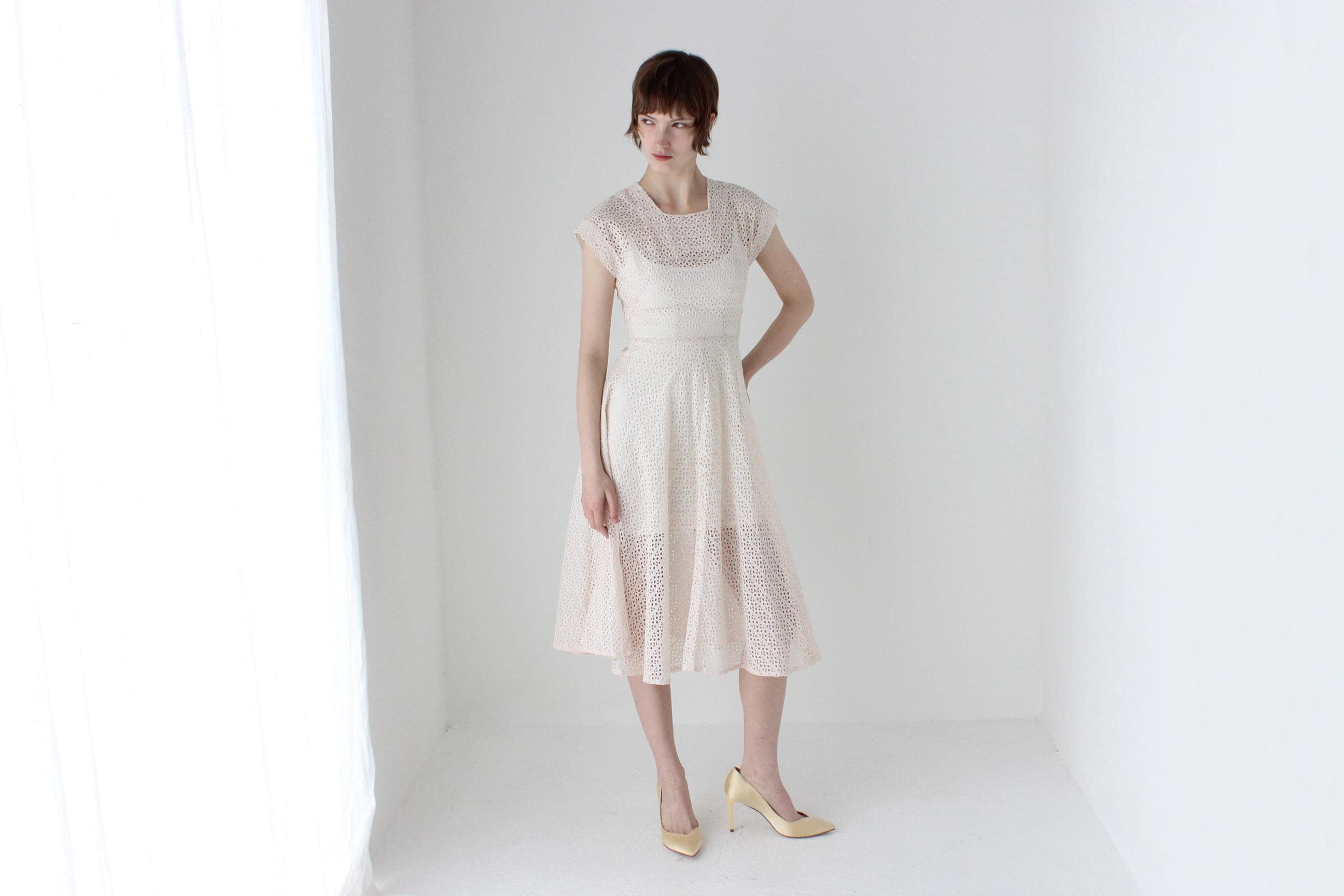 1950s Blush Pink Cotton Eyelet Dress