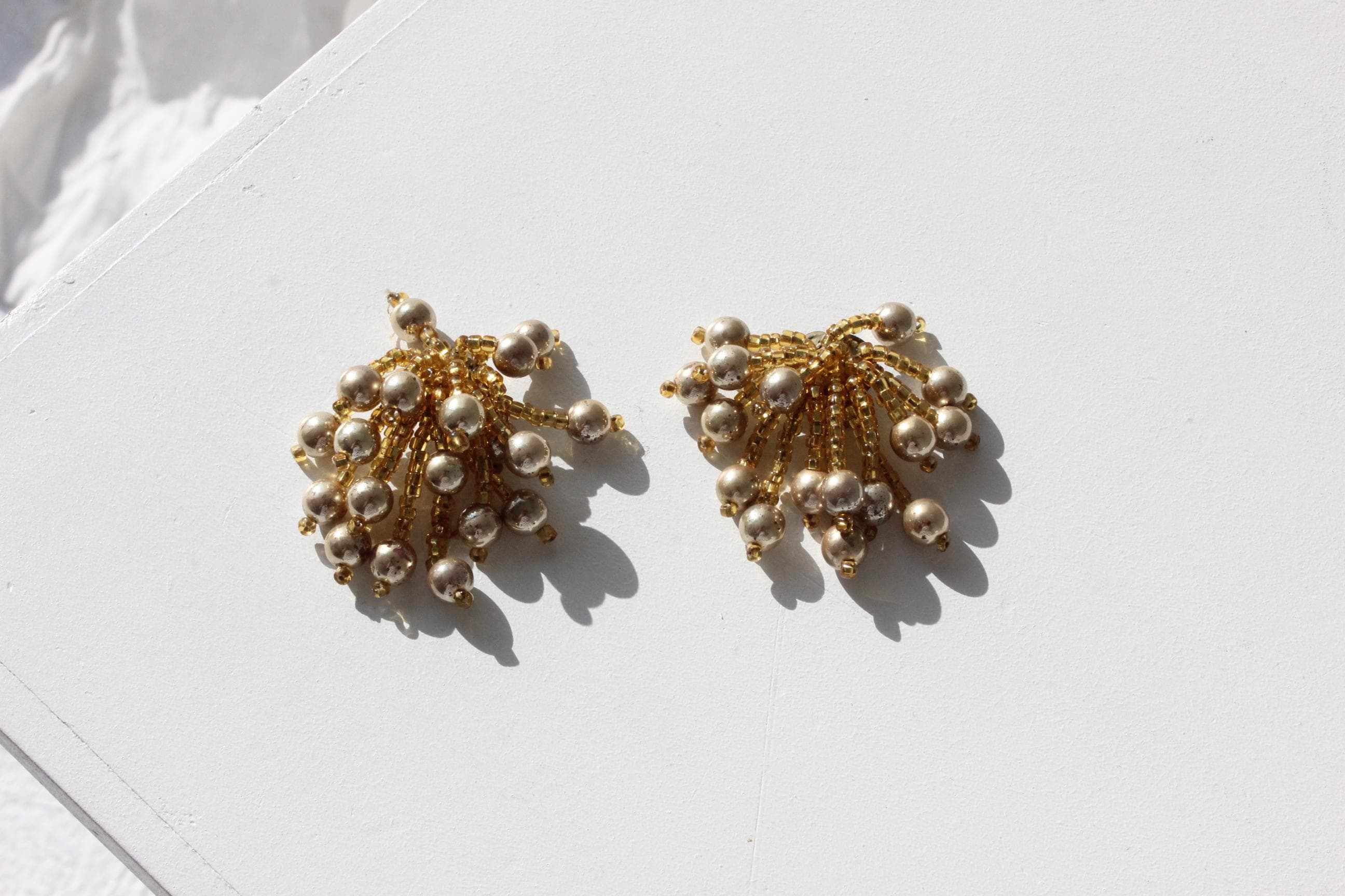 60s Cascading Gold Bead Chandelier Clip On Cocktail Earrings