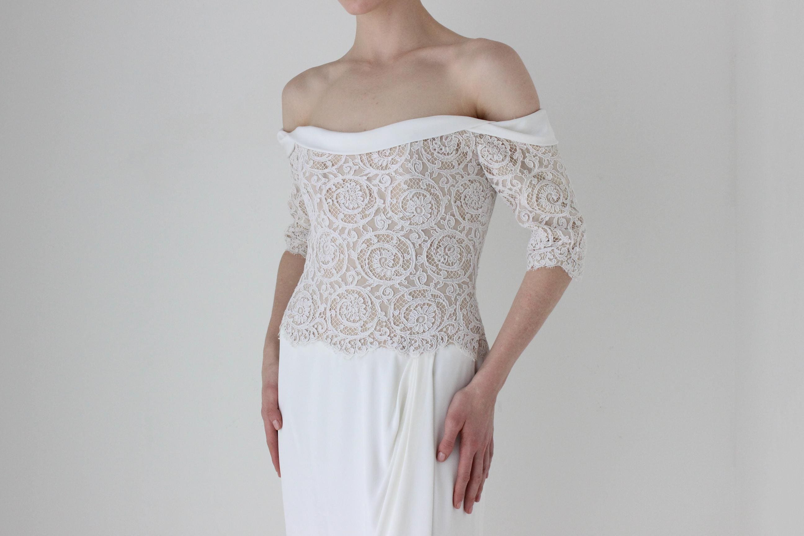 Heavenly 1980s BOB MACKIE Off Shoulder Ivory Lace Bridal Mini Dress