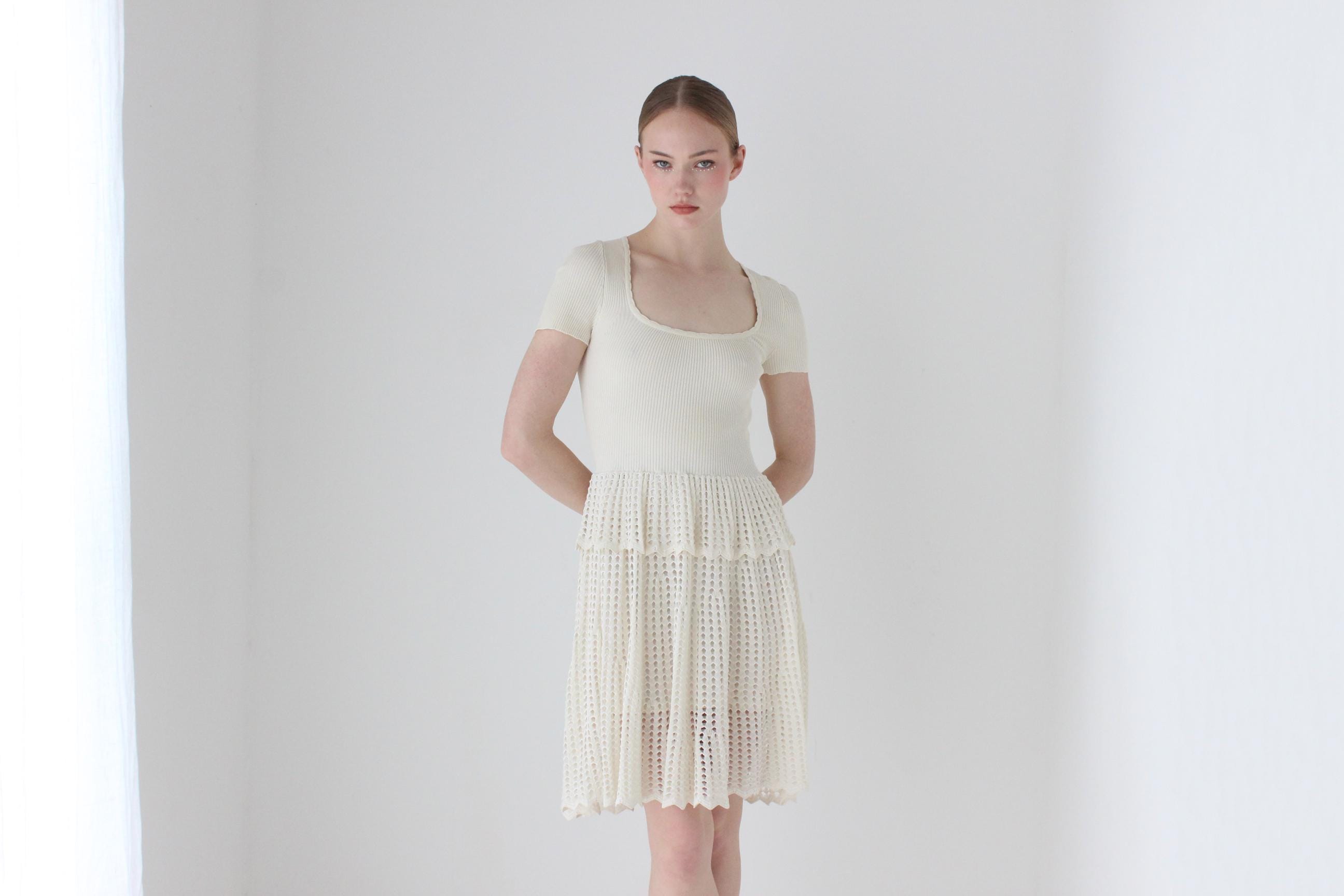 2000s Alexander McQueen Cream Knit Fitted Ruffle Bridal Mini