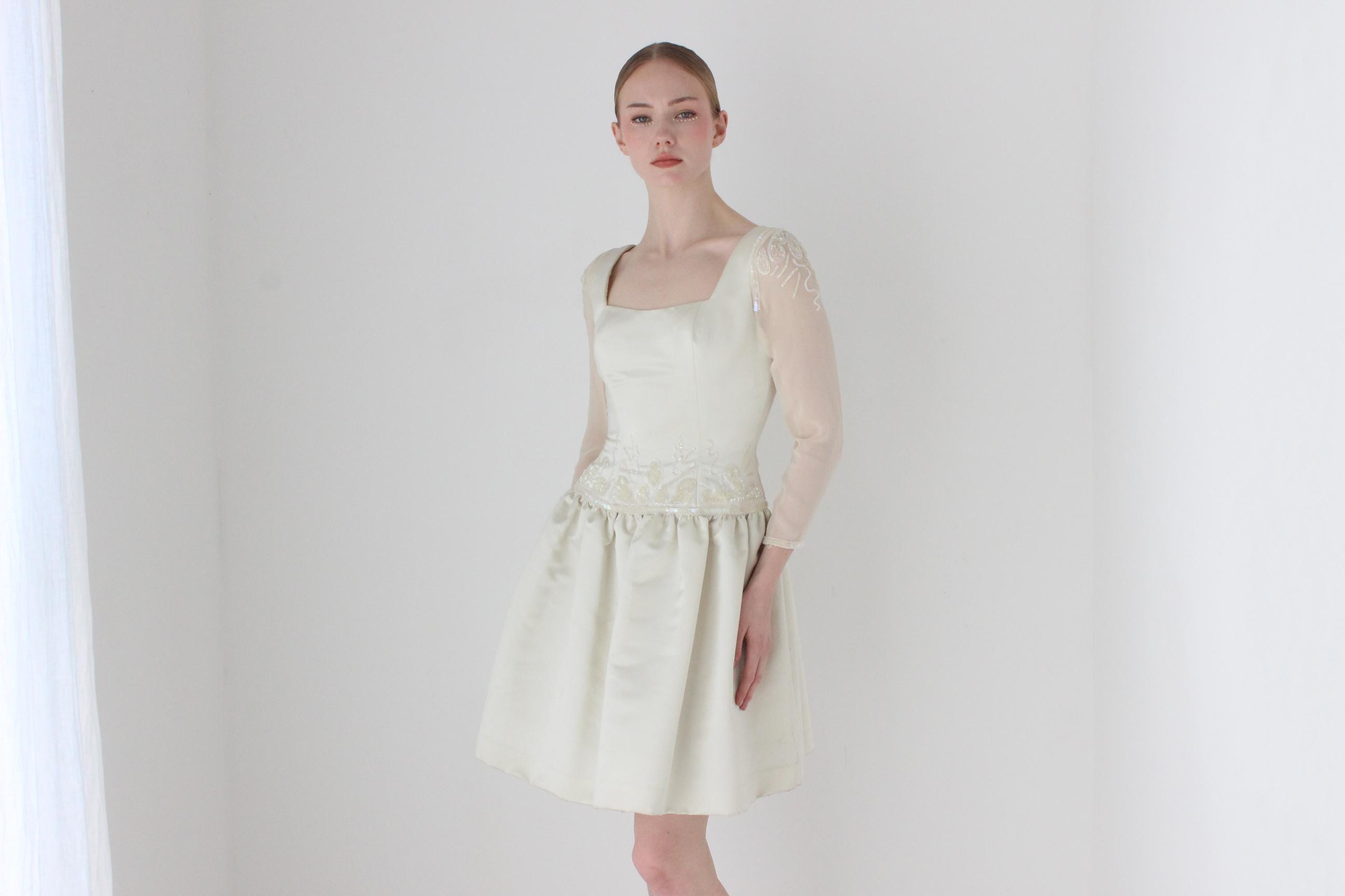 1980s 'Fabrice Silhouette' Duchess Satin Drop Waist Bridal Mini