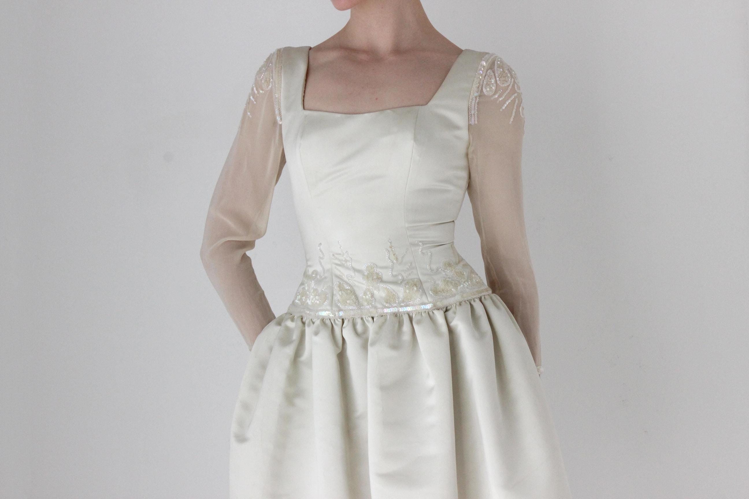 1980s 'Fabrice Silhouette' Duchess Satin Drop Waist Bridal Mini