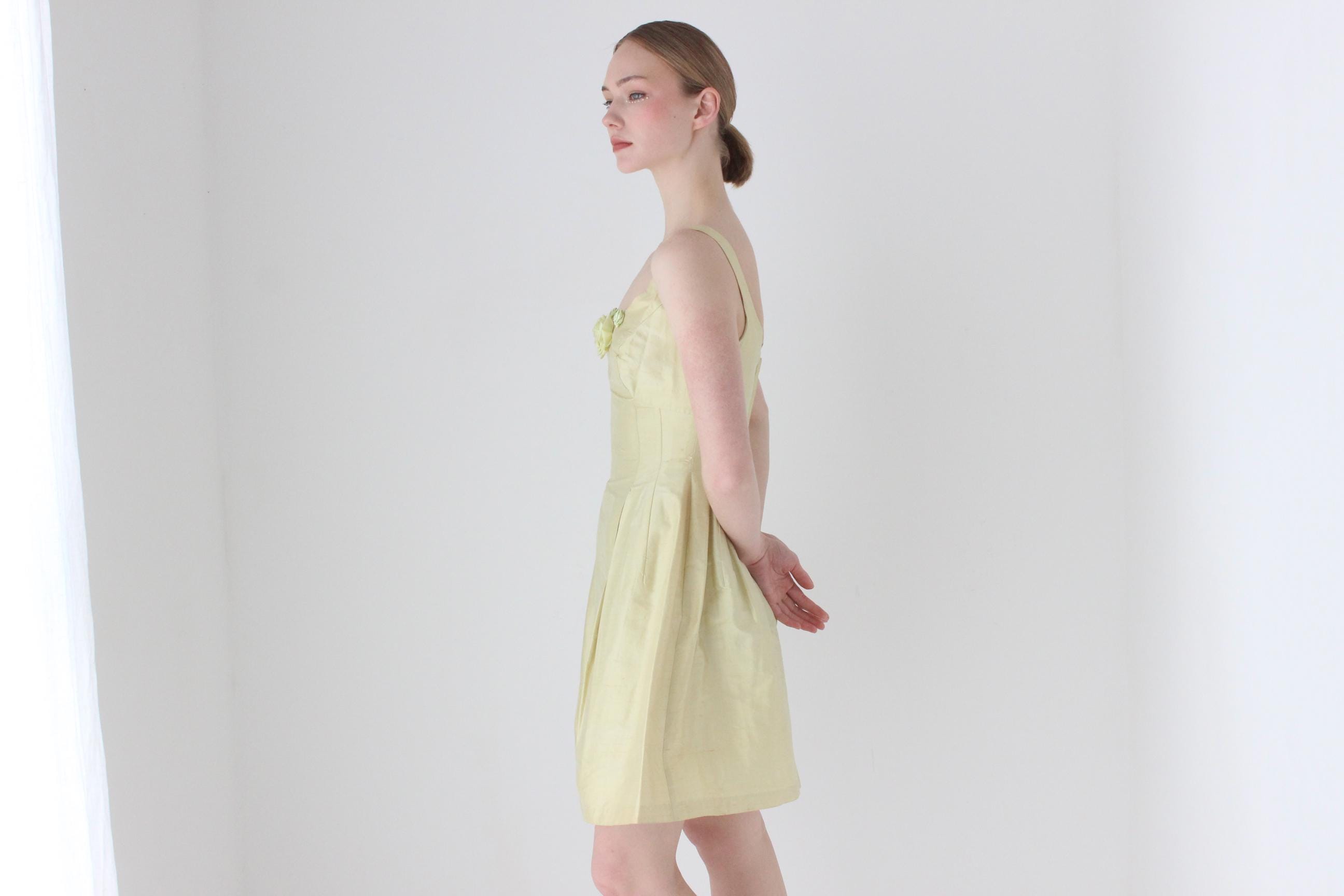 1990s Pastel Raw Silk Cocktail Dress w/ Rosettes