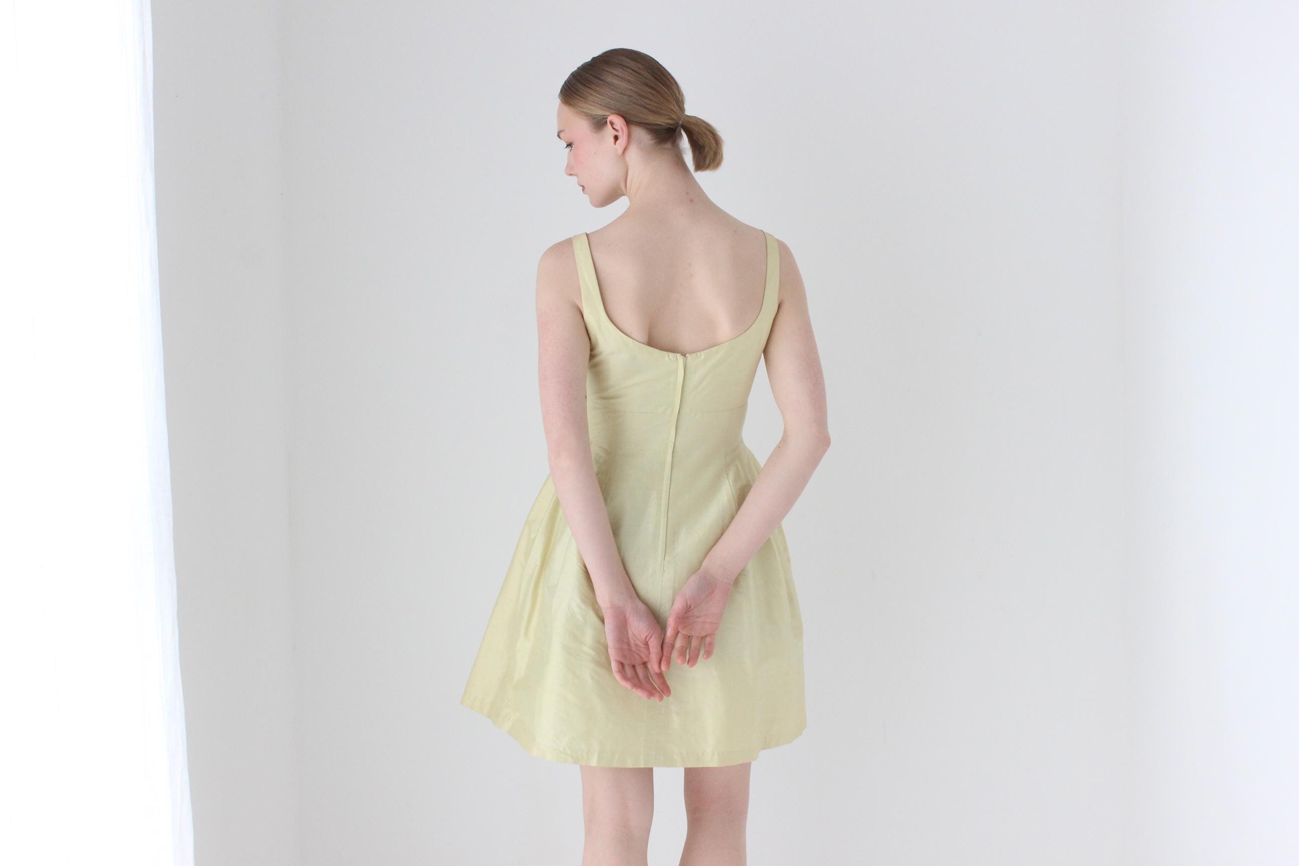 1990s Pastel Raw Silk Cocktail Dress w/ Rosettes