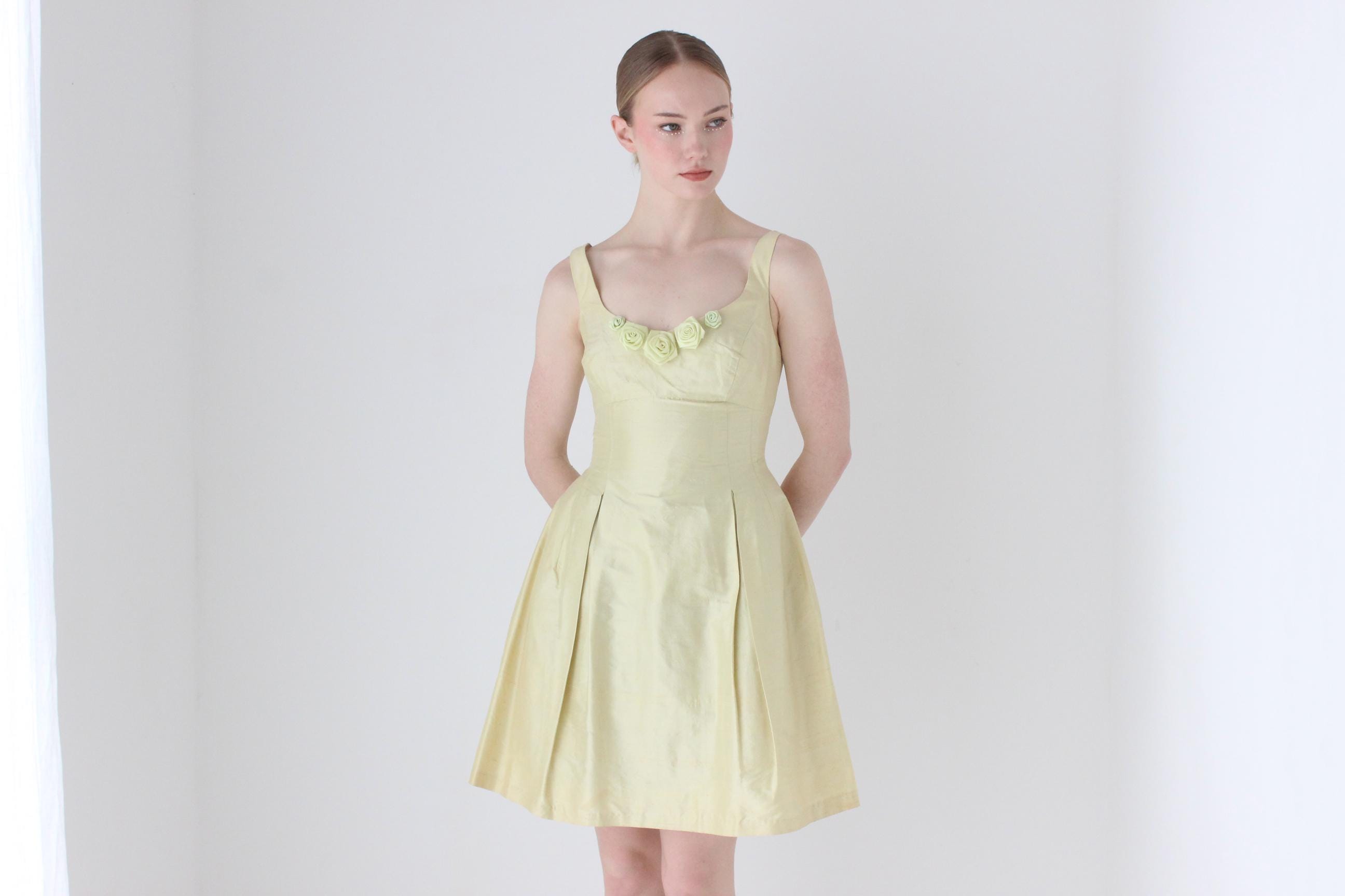 1990s Pastel Raw Silk Cocktail Dress w/ Rosettes