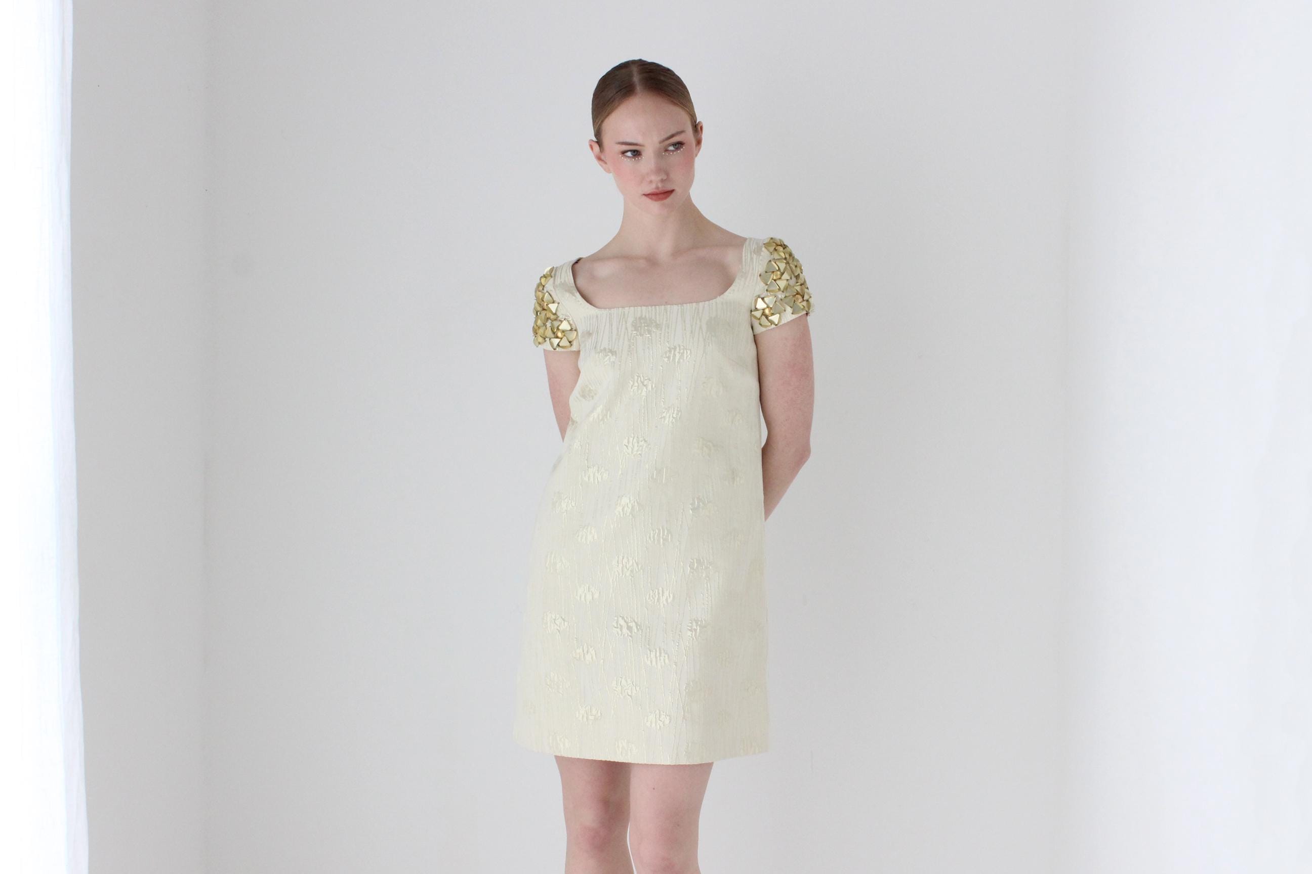 Y2K Moschino Jacquard Scoop Neck Mini Dress w/ Textural Gold Shoulders