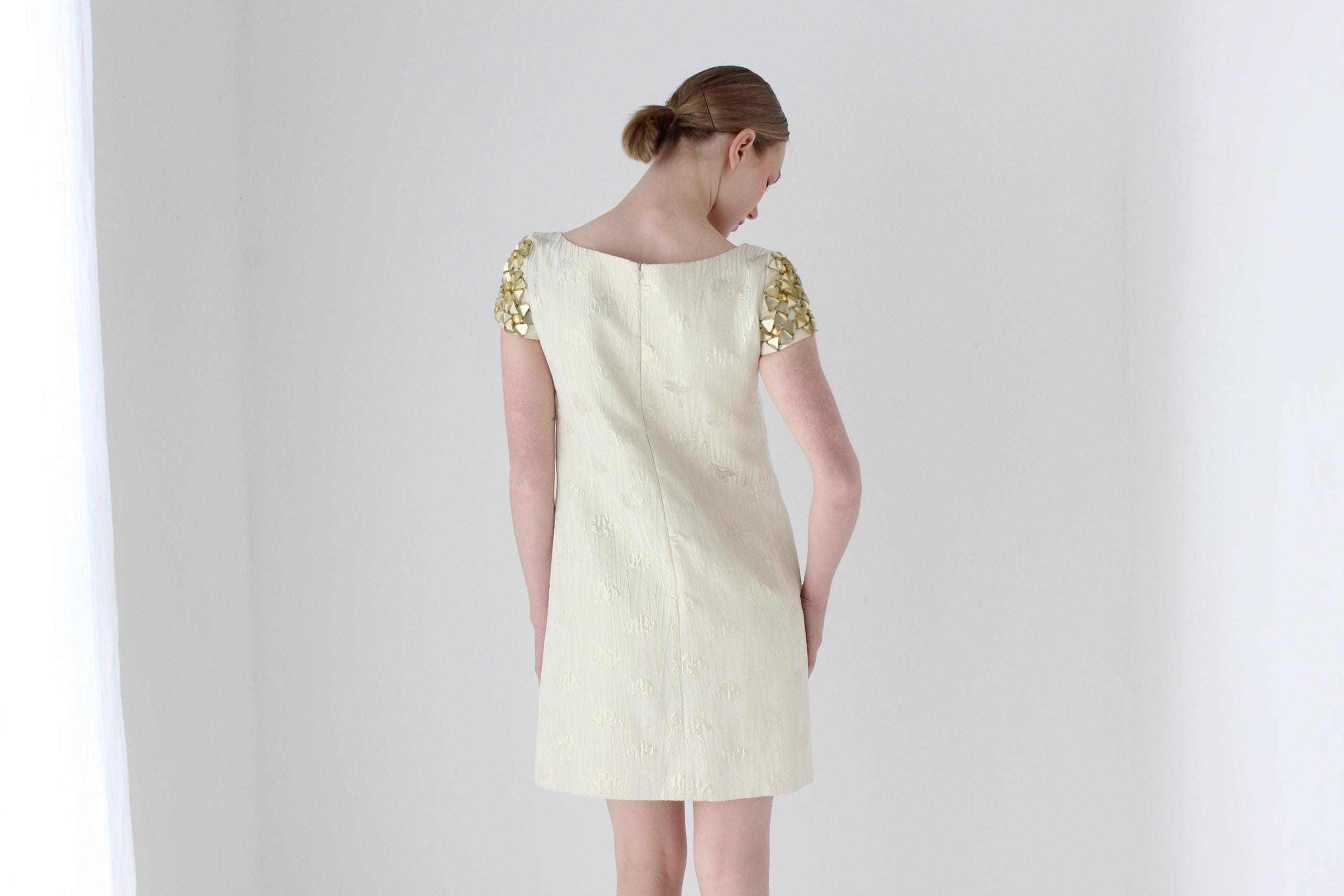 Y2K Moschino Jacquard Scoop Neck Mini Dress w/ Textural Gold Shoulders