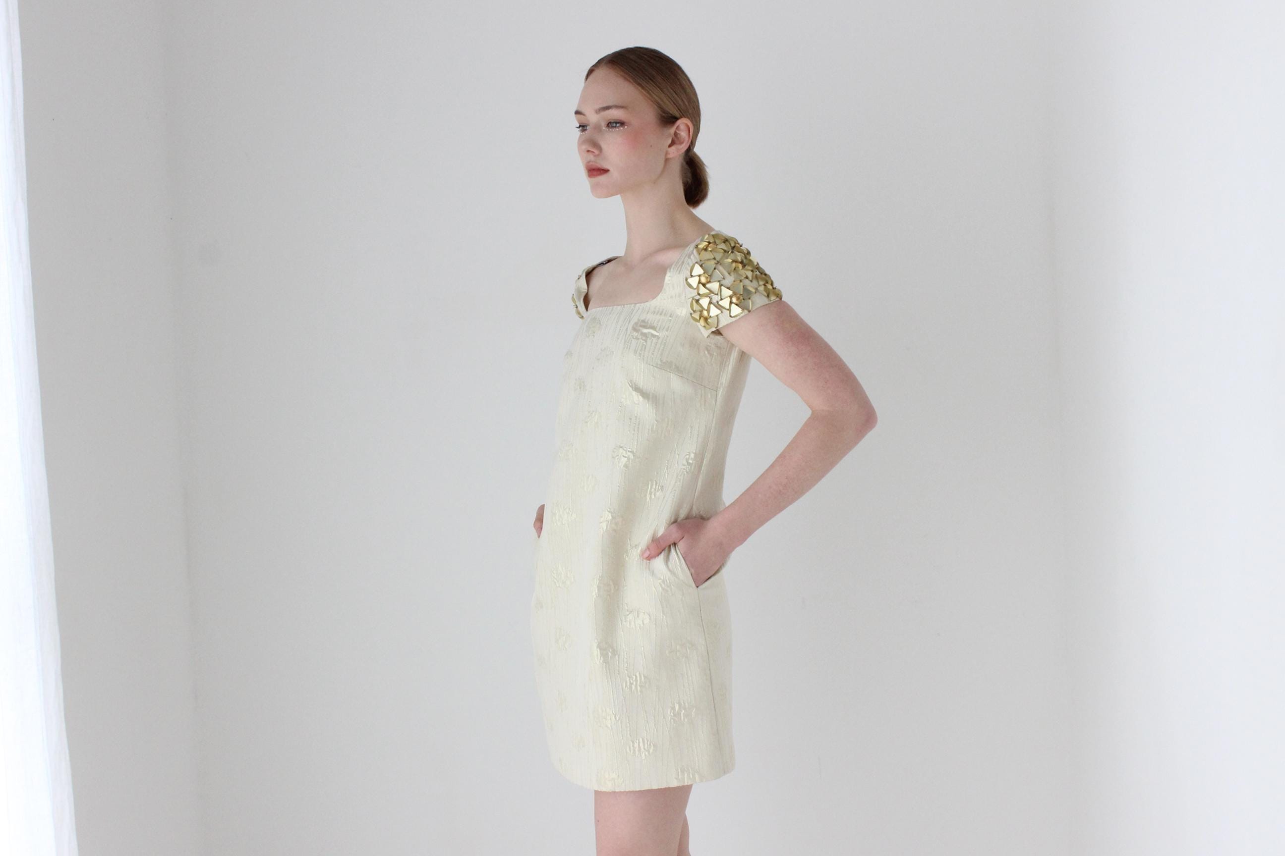 Y2K Moschino Jacquard Scoop Neck Mini Dress w/ Textural Gold Shoulders