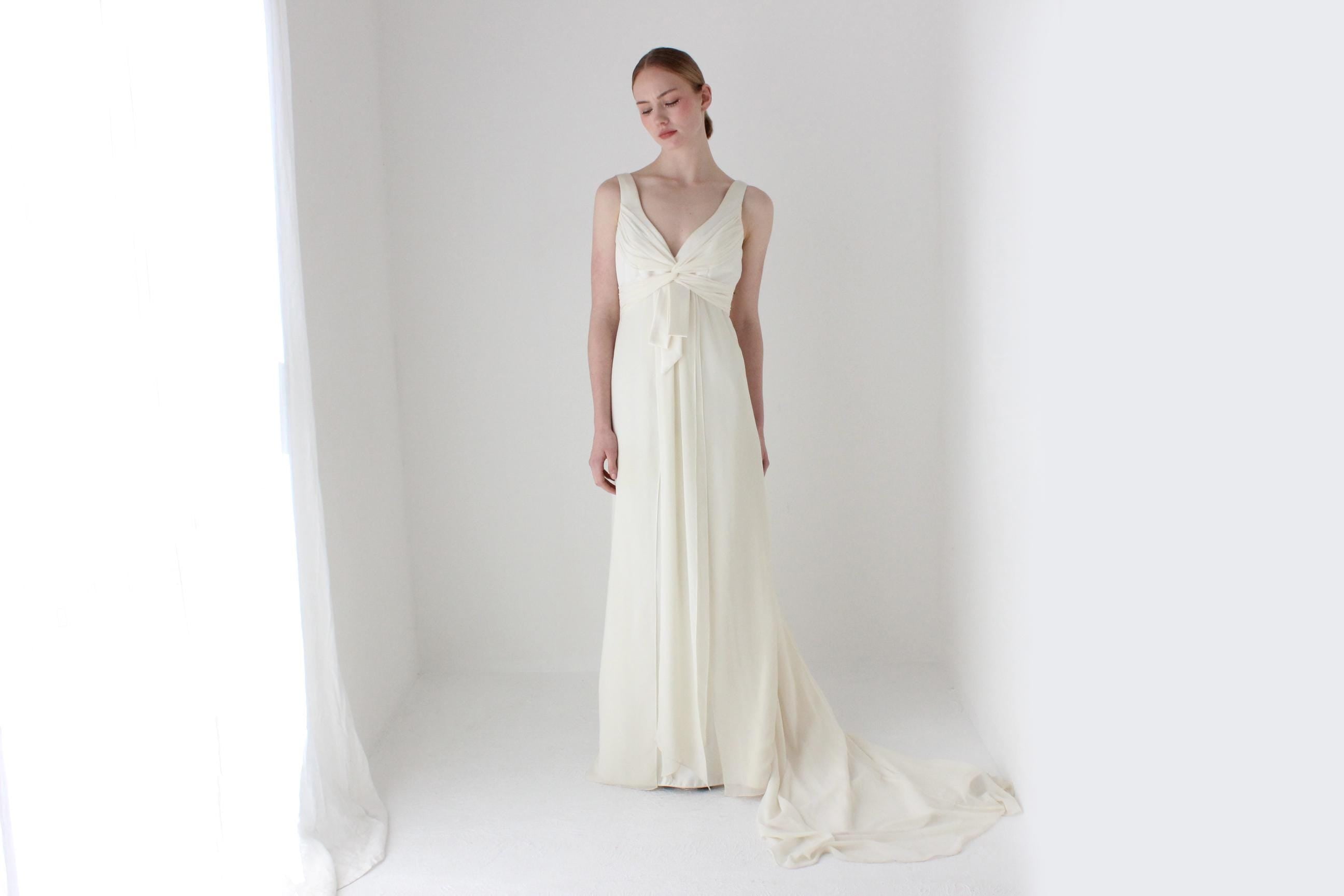 Romantic 1990s Duchess Satin & Draped Chiffon Wedding Gown w/ Long Train