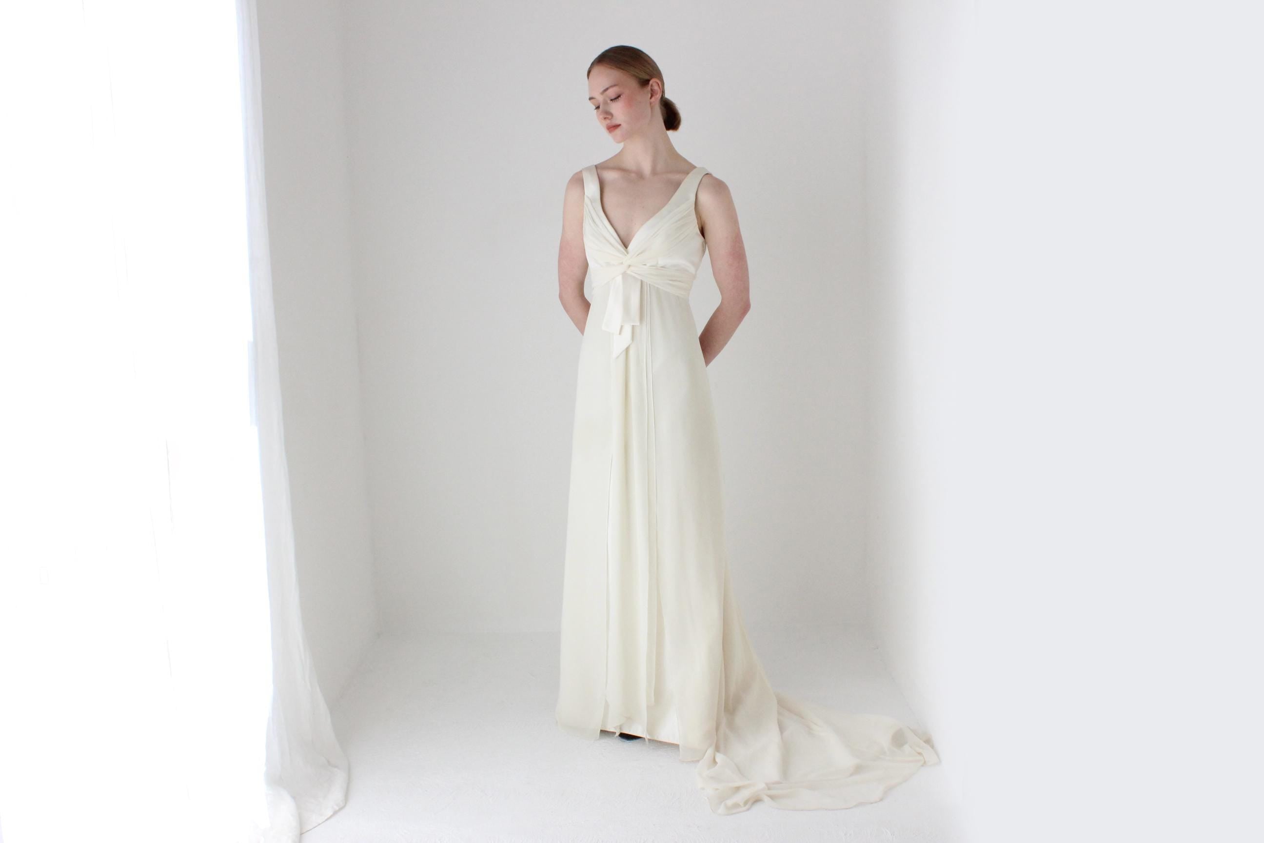 Romantic 1990s Duchess Satin & Draped Chiffon Wedding Gown w/ Long Train