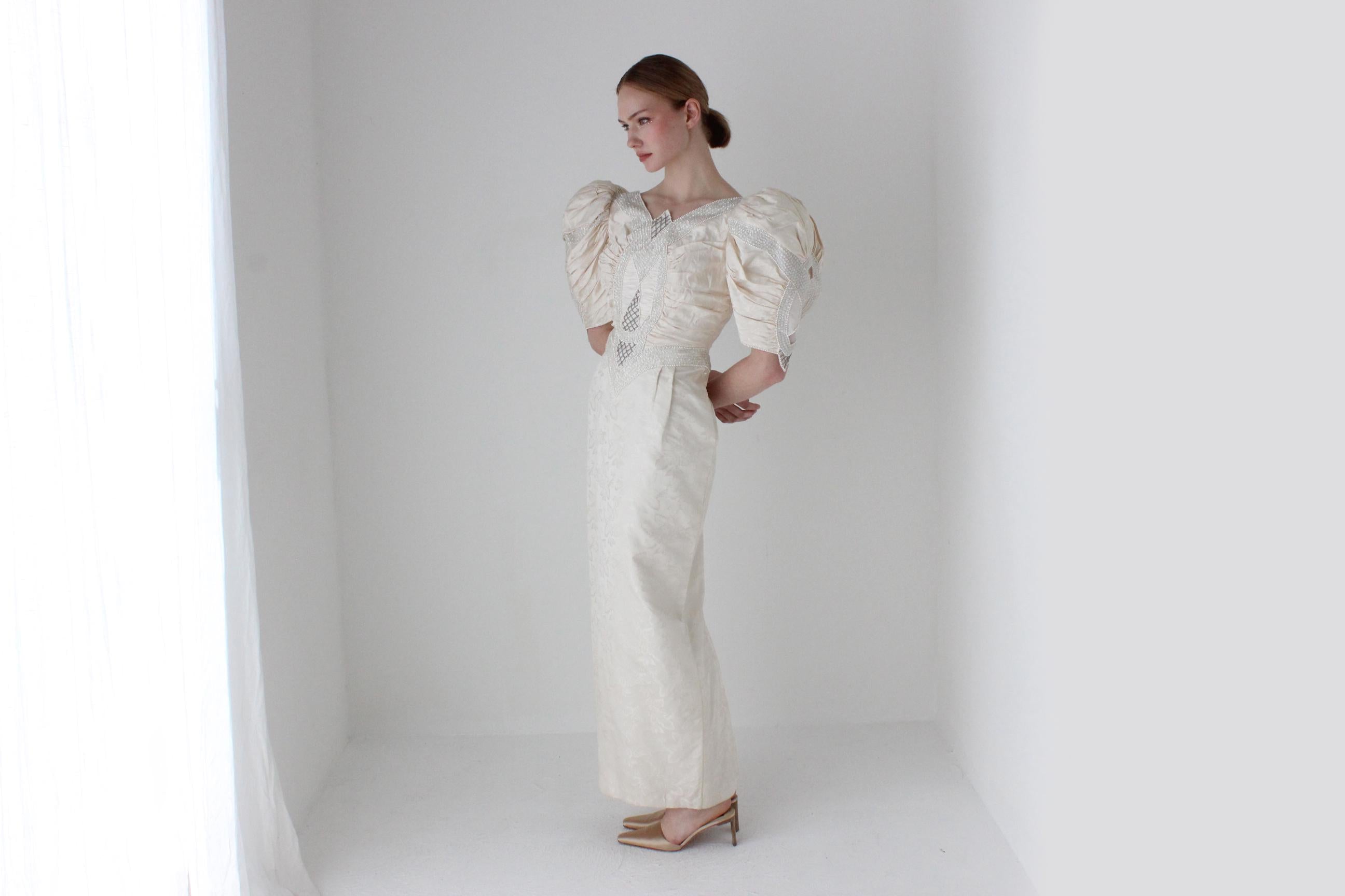 1980s Italian Vintage Sculptural Puff Sleeve Column Wedding Gown