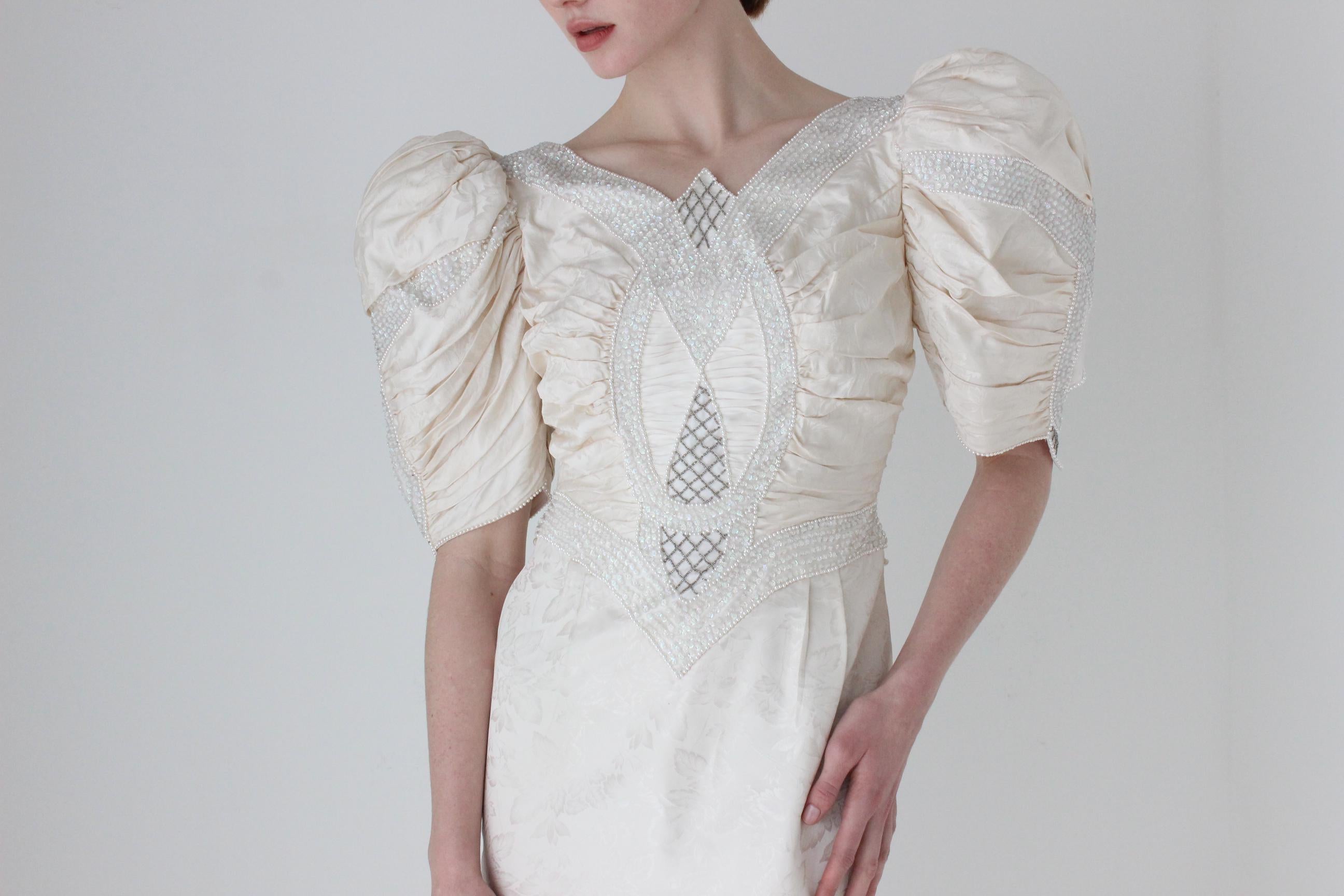 1980s Italian Vintage Sculptural Puff Sleeve Column Wedding Gown