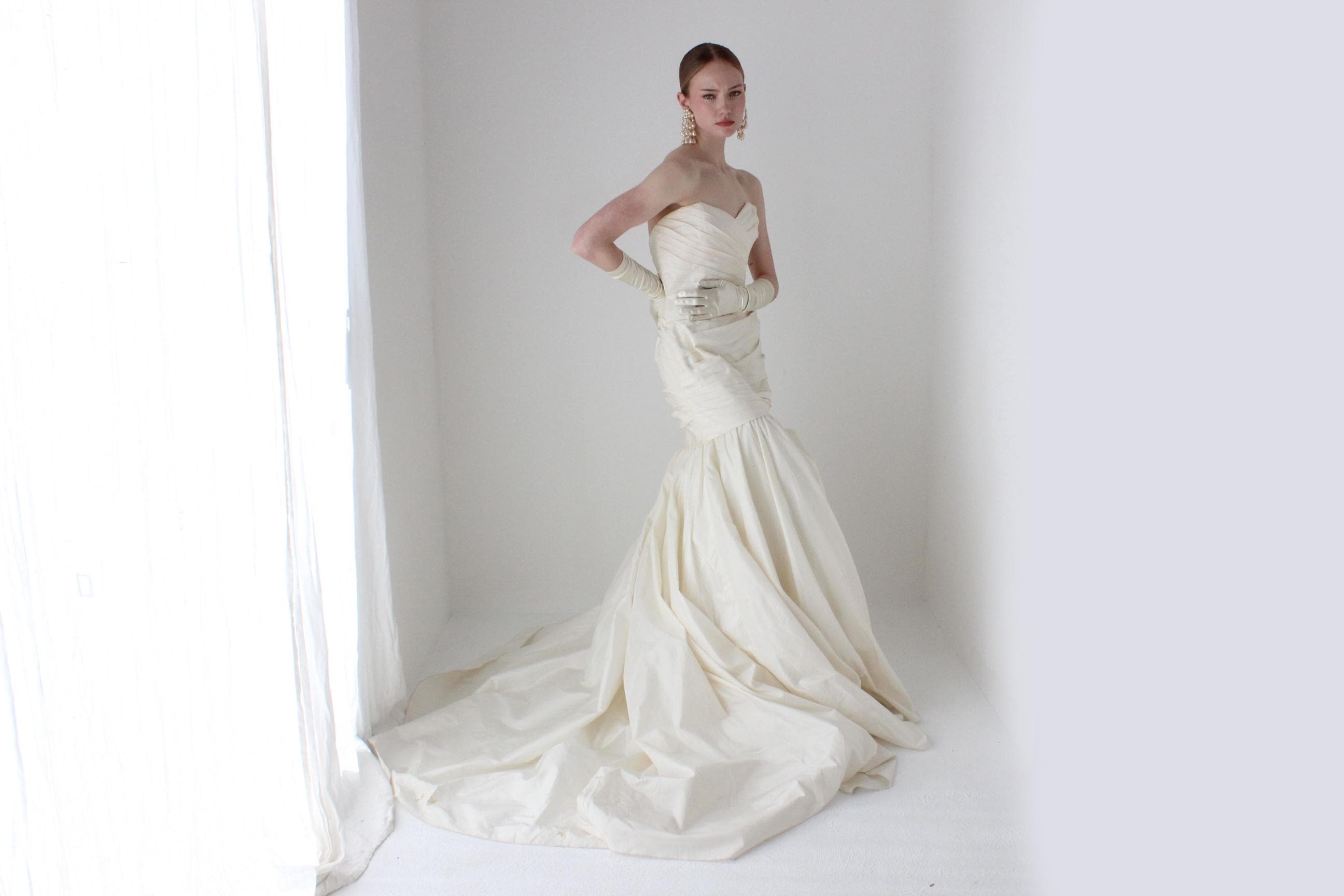 2000s Liancarlo Bridal Couture Silk Taffeta Voluminous Drop Waist Wedding Gown