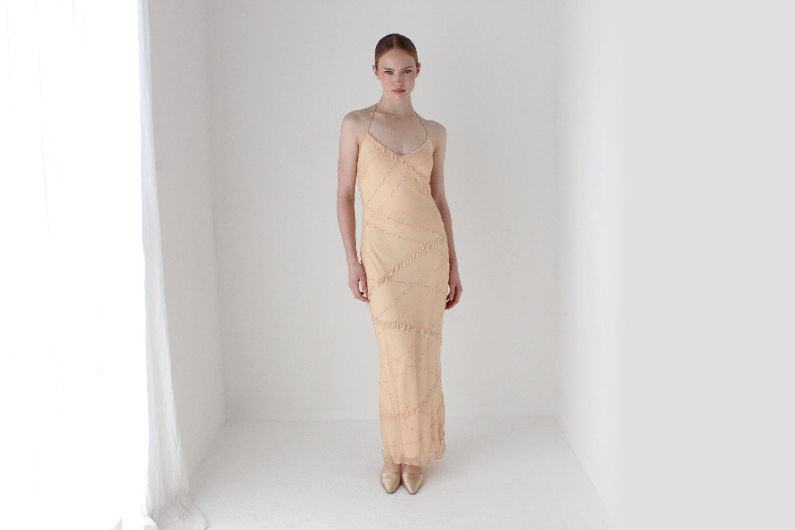 2000s Pastel Peach Pure Silk Bias Cut Slip Dress w/ Beading by 'Marina'