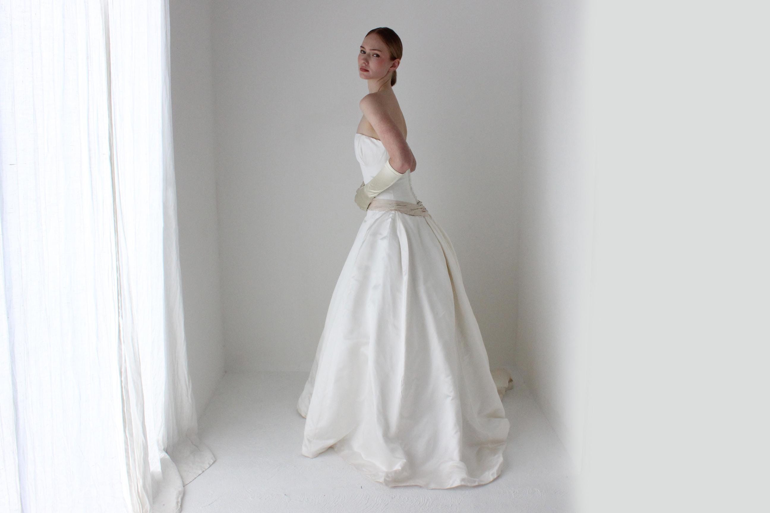 1990s Archival Amsale Bridal Couture White Duchess Silk Strapless Drop Waist Wedding Gown