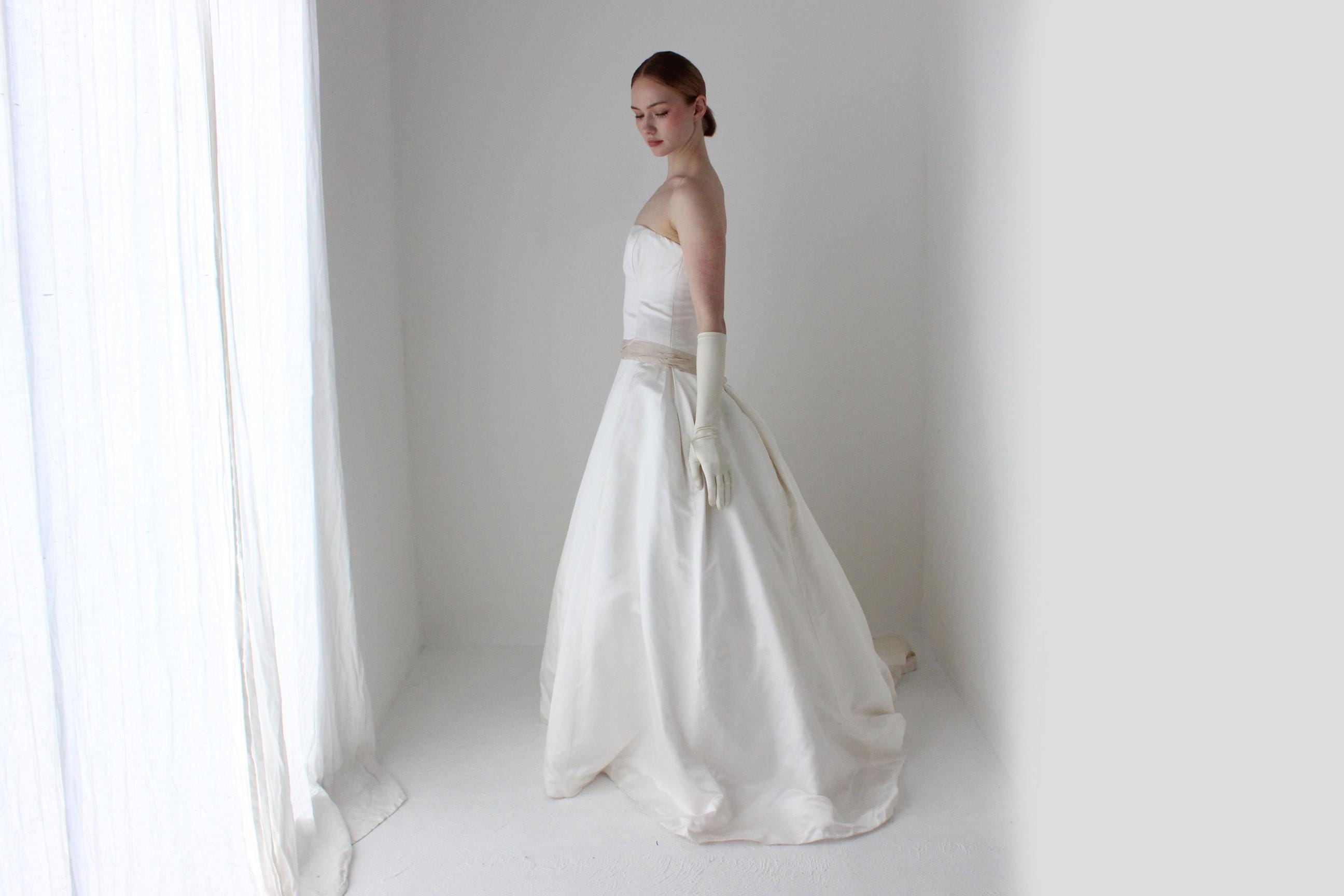 1990s Archival Amsale Bridal Couture White Duchess Silk Strapless Drop Waist Wedding Gown