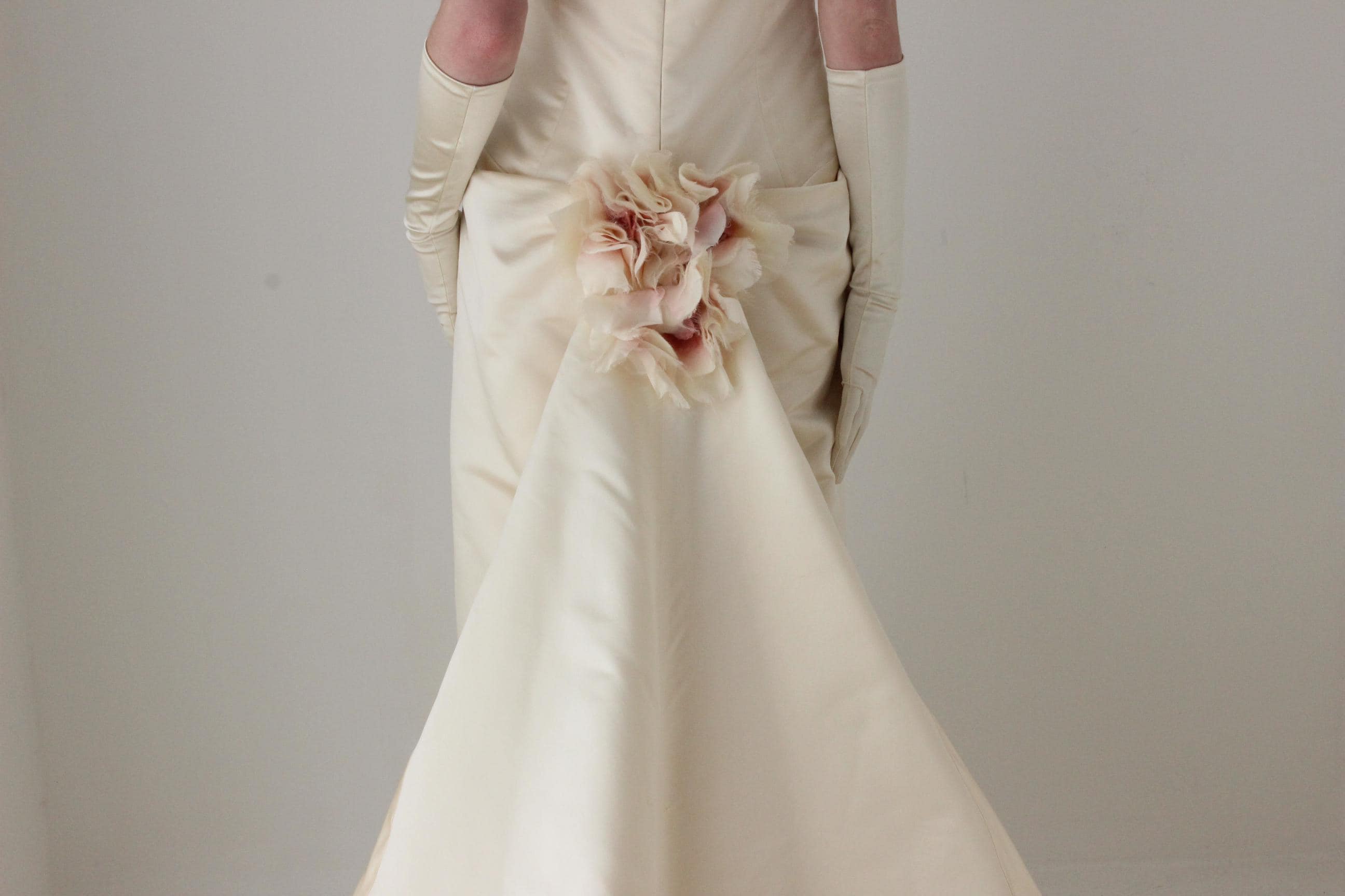 1990s Anna Maier Bridal Couture Duchess Silk Strapless Wedding Gown w/ Feature Rosette, Train & Couture Veil