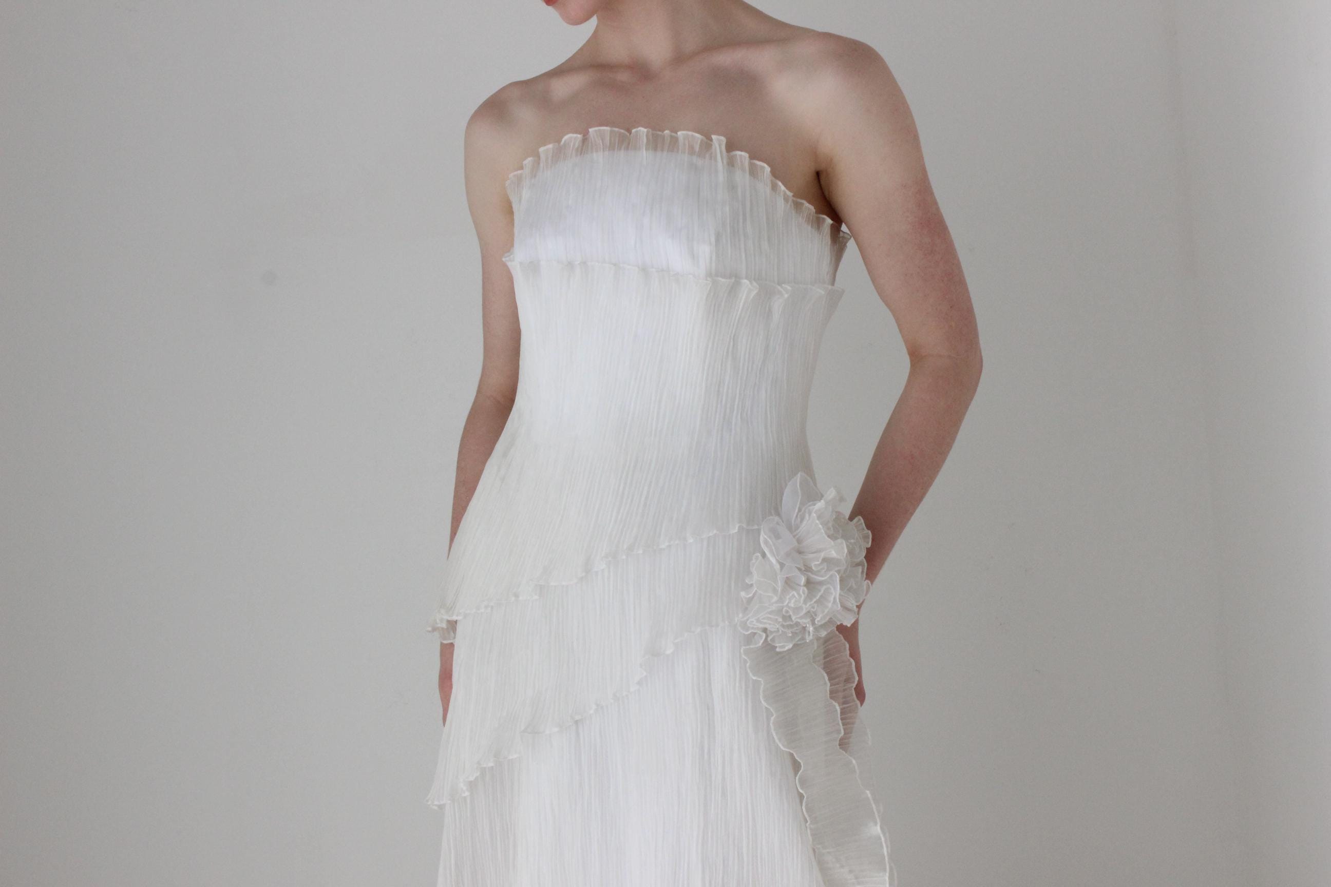 Avant Garde Vintage Iridescent Plisse Tiered Strapless Wedding Gown