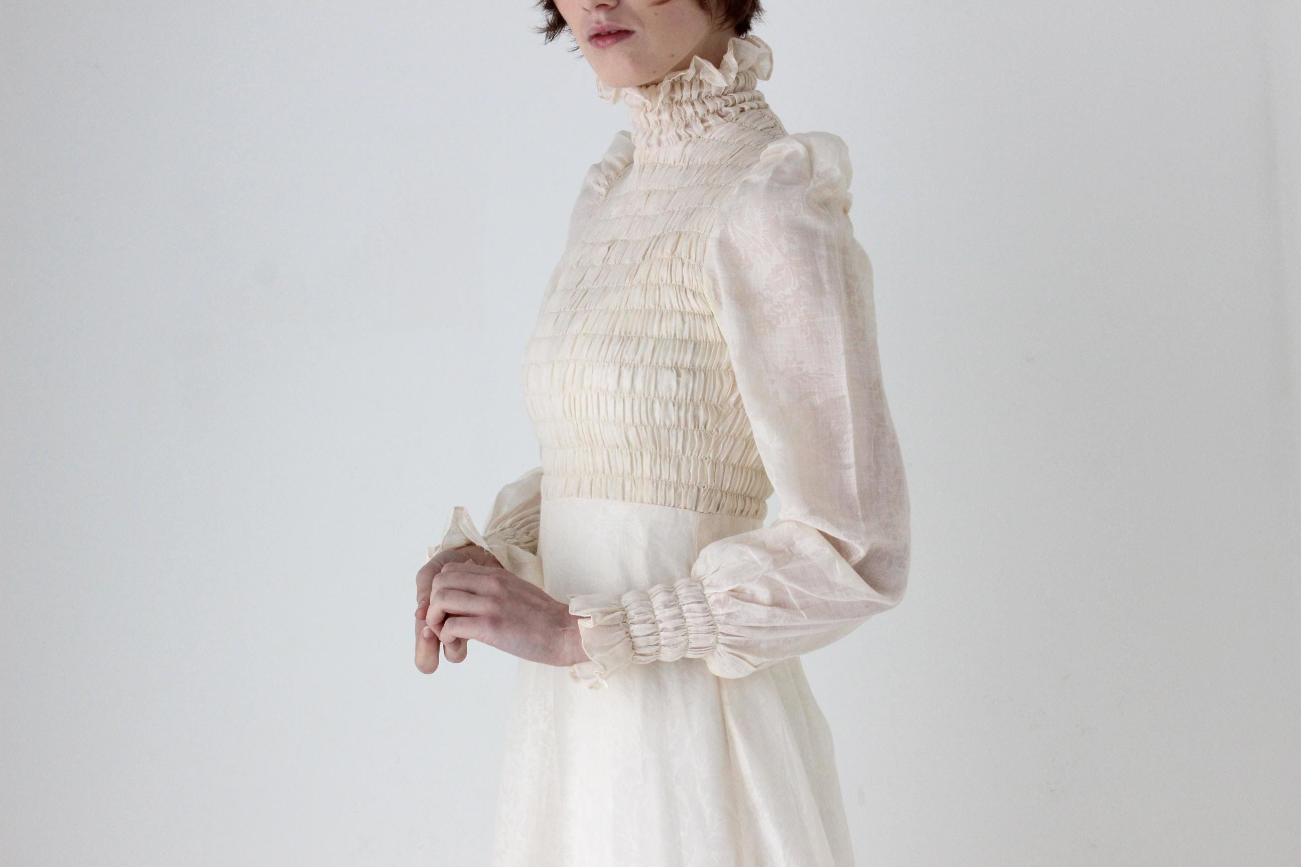 Romantic 1970s British Made Smocked Cotton Ruffle Wedding Dress