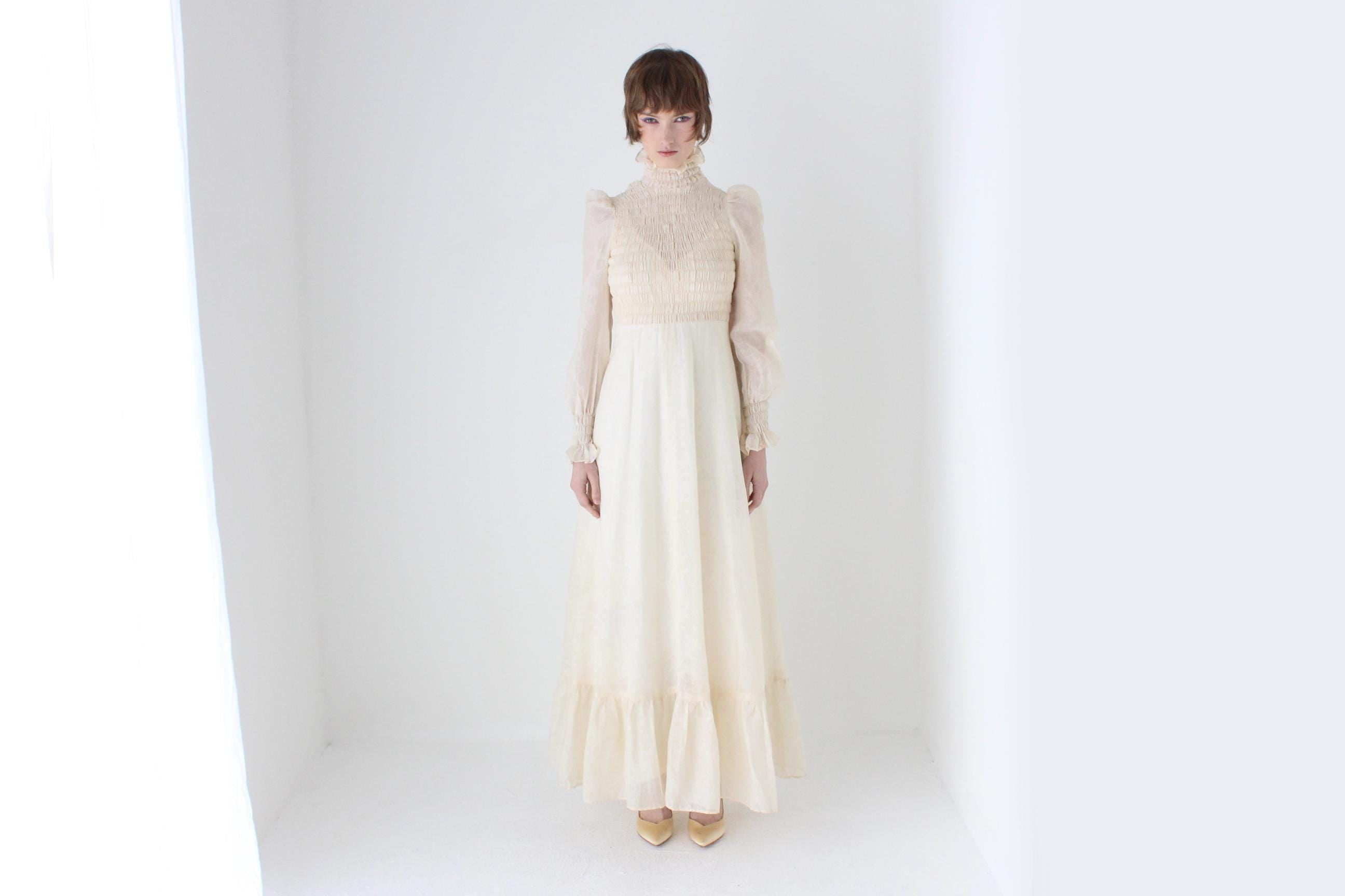 Romantic 1970s British Made Smocked Cotton Ruffle Wedding Dress