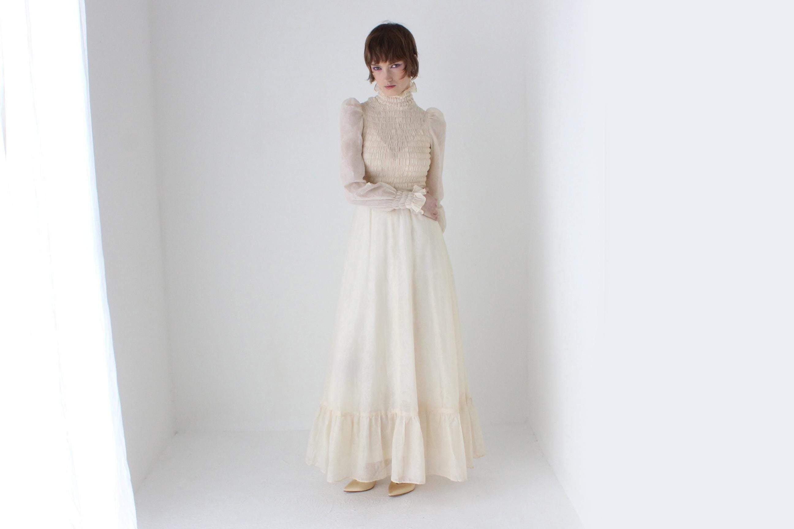 Romantic 1970s British Made Smocked Cotton Ruffle Wedding Dress