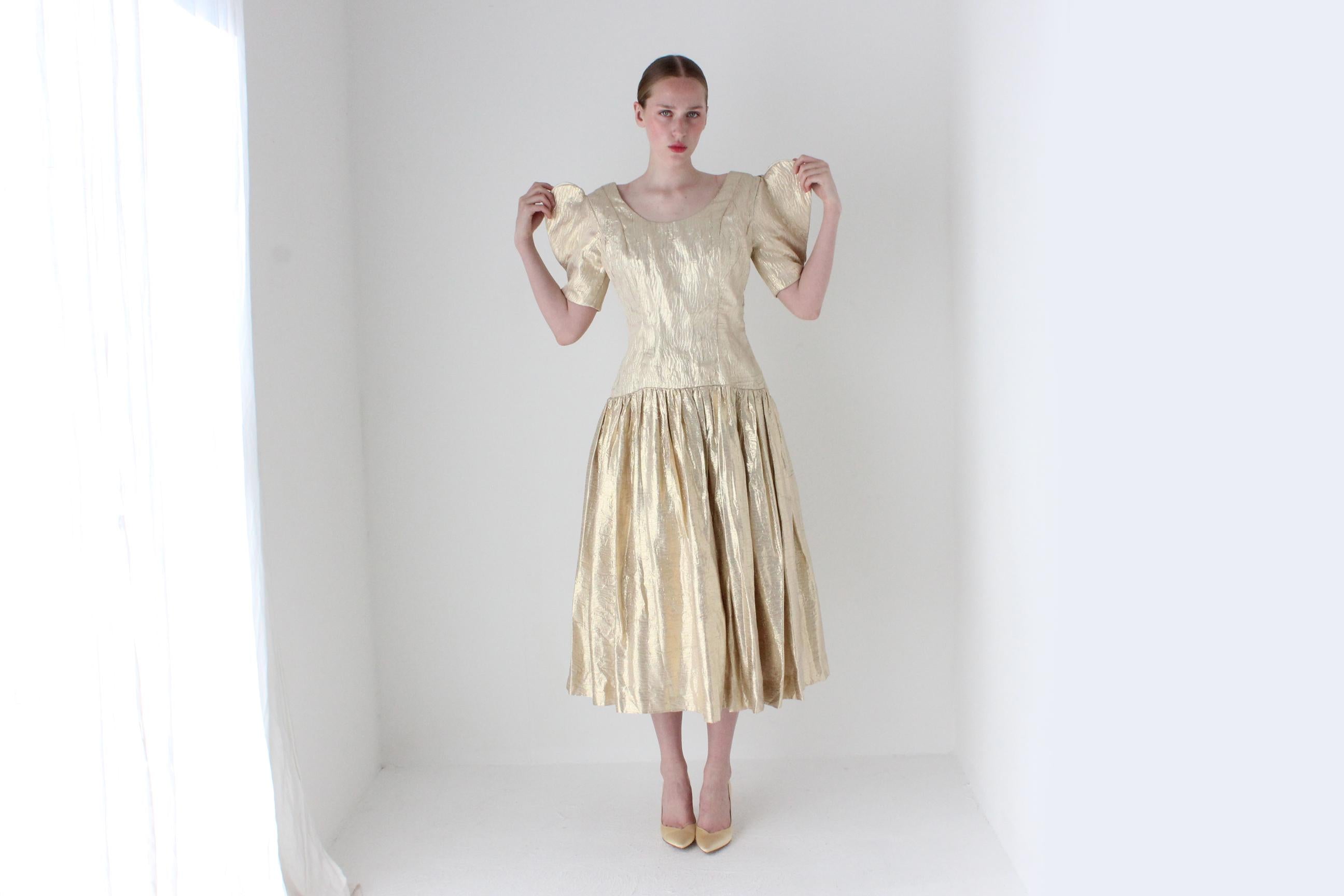 1980s Victor Costa Gold Metallic Lamé Disco Dress w/ Origami Sleeves