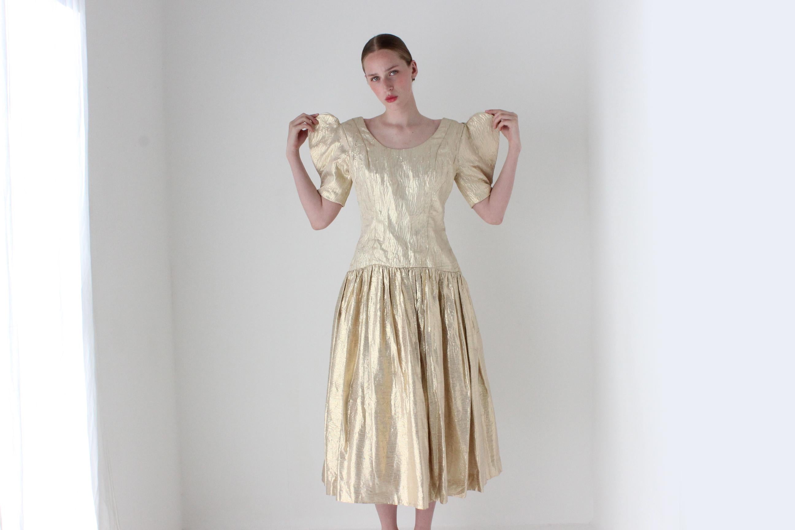 1980s Victor Costa Gold Metallic Lamé Disco Dress w/ Origami Sleeves