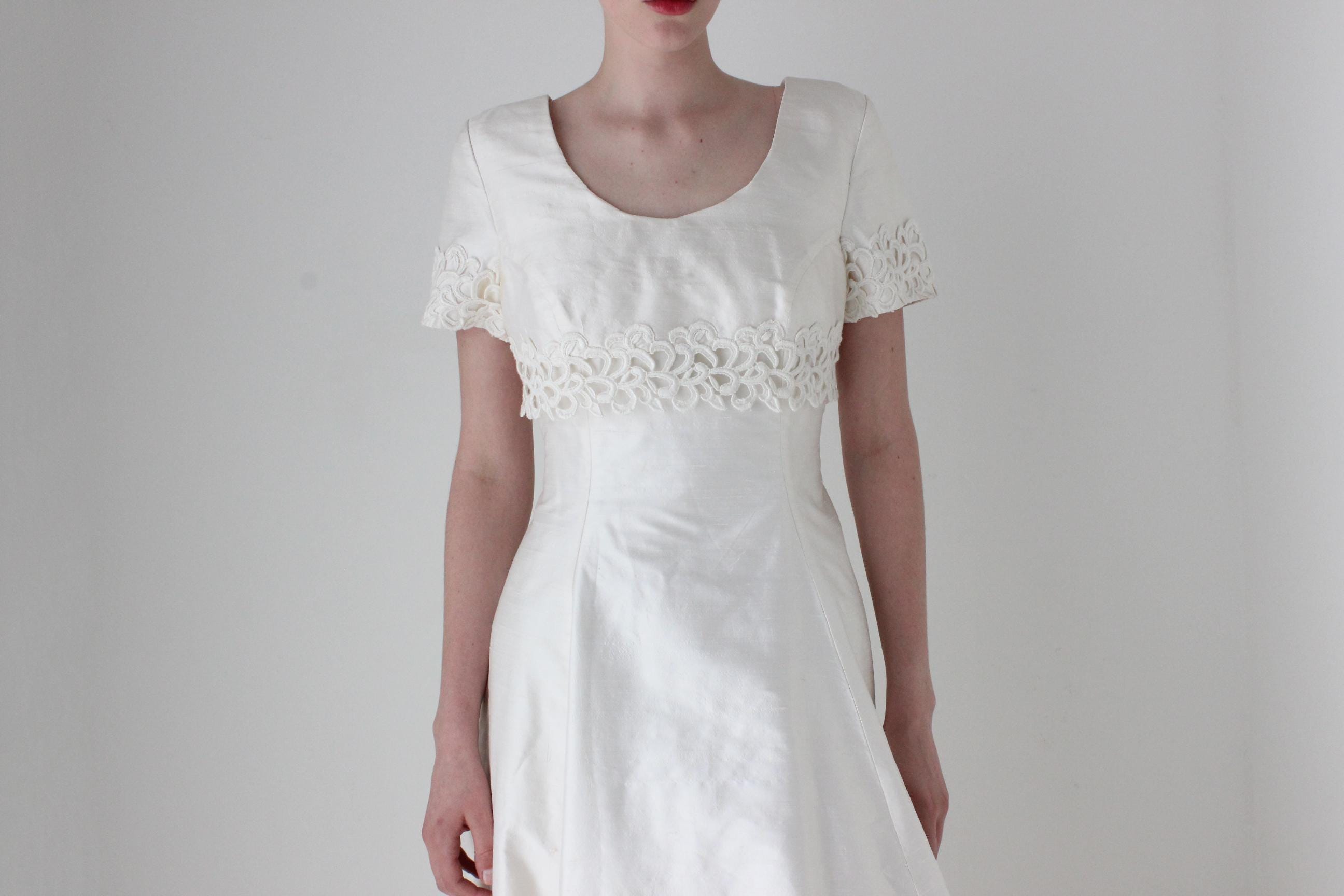 1980s Raw Silk Empire Waist Short Sleeve Wedding Gown w/ Train