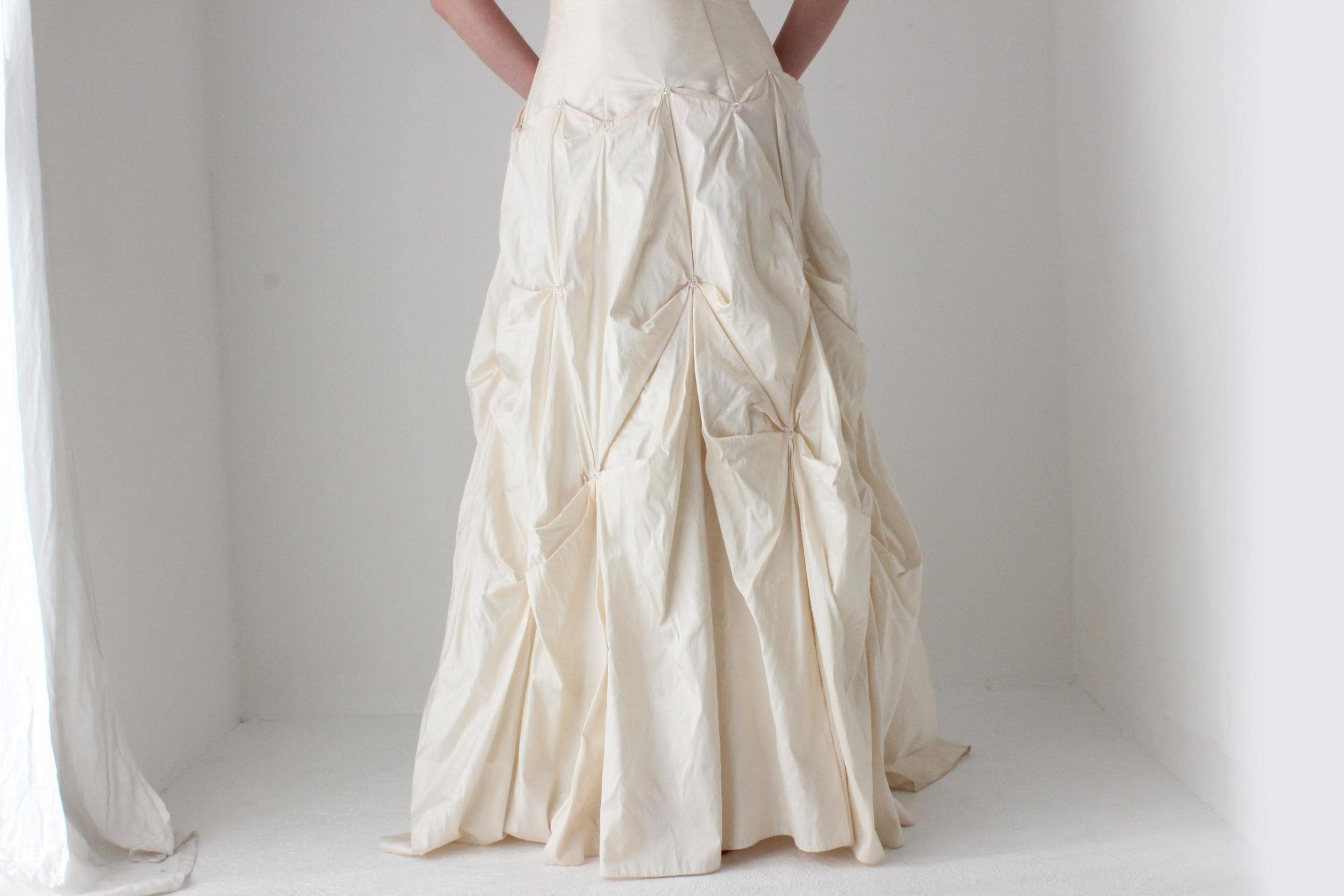 1990s Cream Silk Dupion Drop Waist, Corset Wedding Gown w/ Textural Gathered Skirt