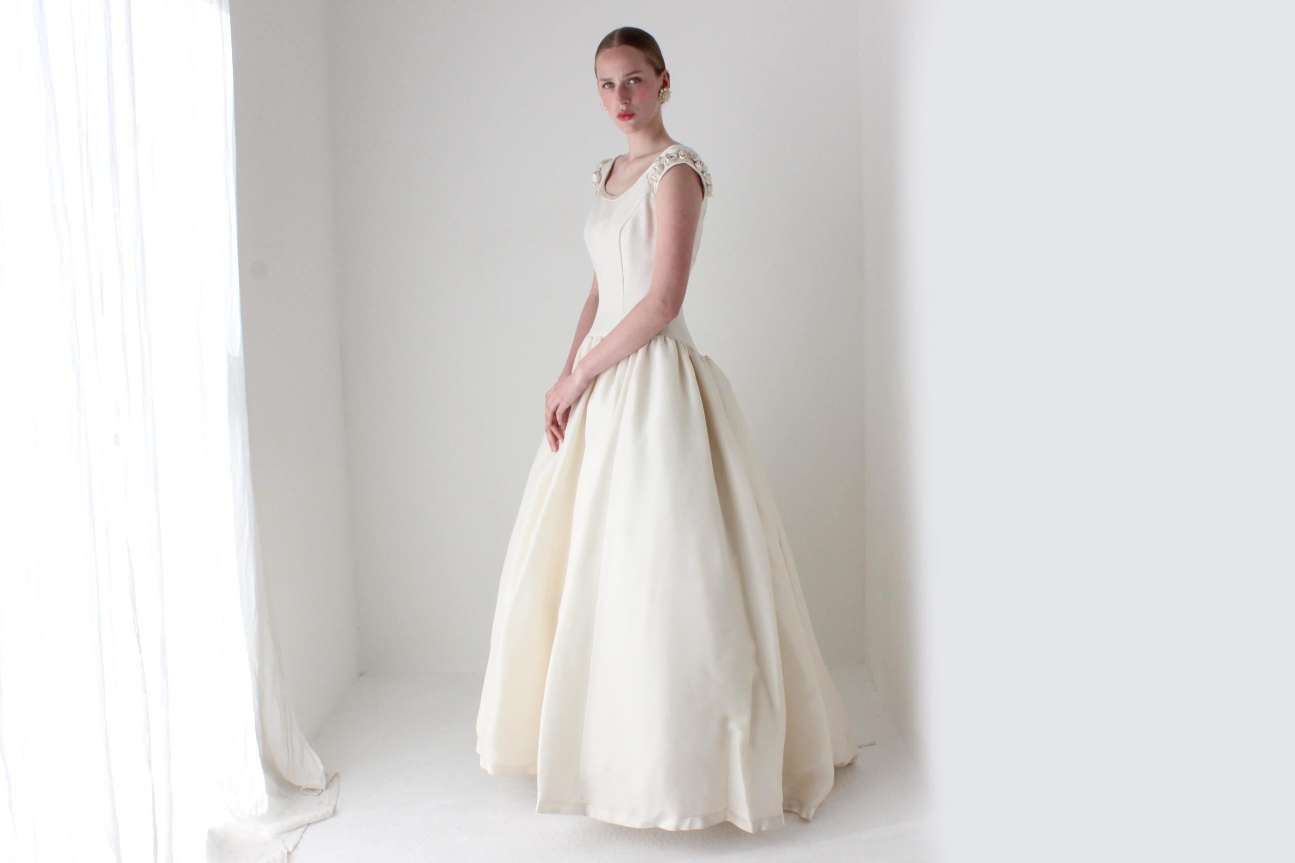 1990s Archival Amsale Bridal Couture Scoop Neck Drop Waist Wedding Ball Gown w/ Rosettes