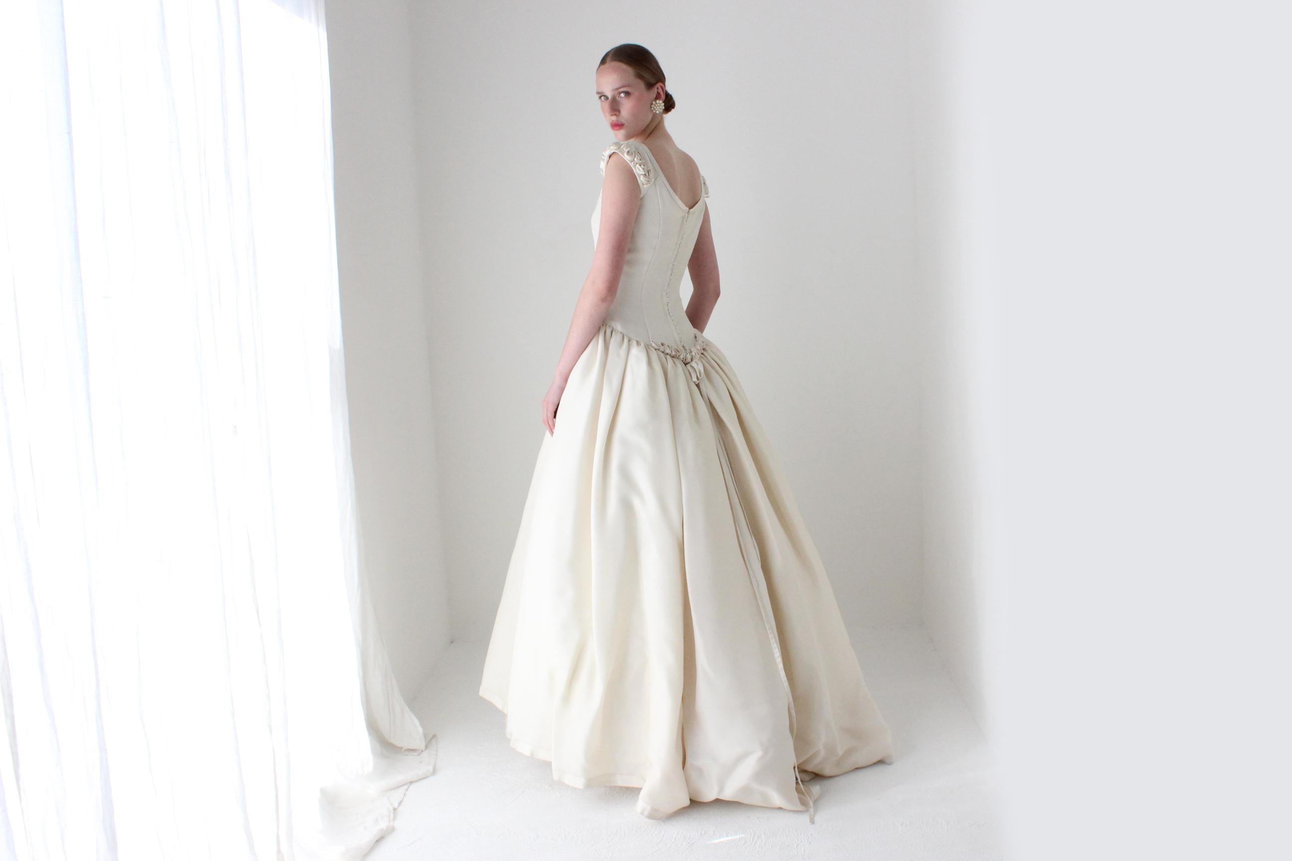 1990s Archival Amsale Bridal Couture Scoop Neck Drop Waist Wedding Ball Gown w/ Rosettes