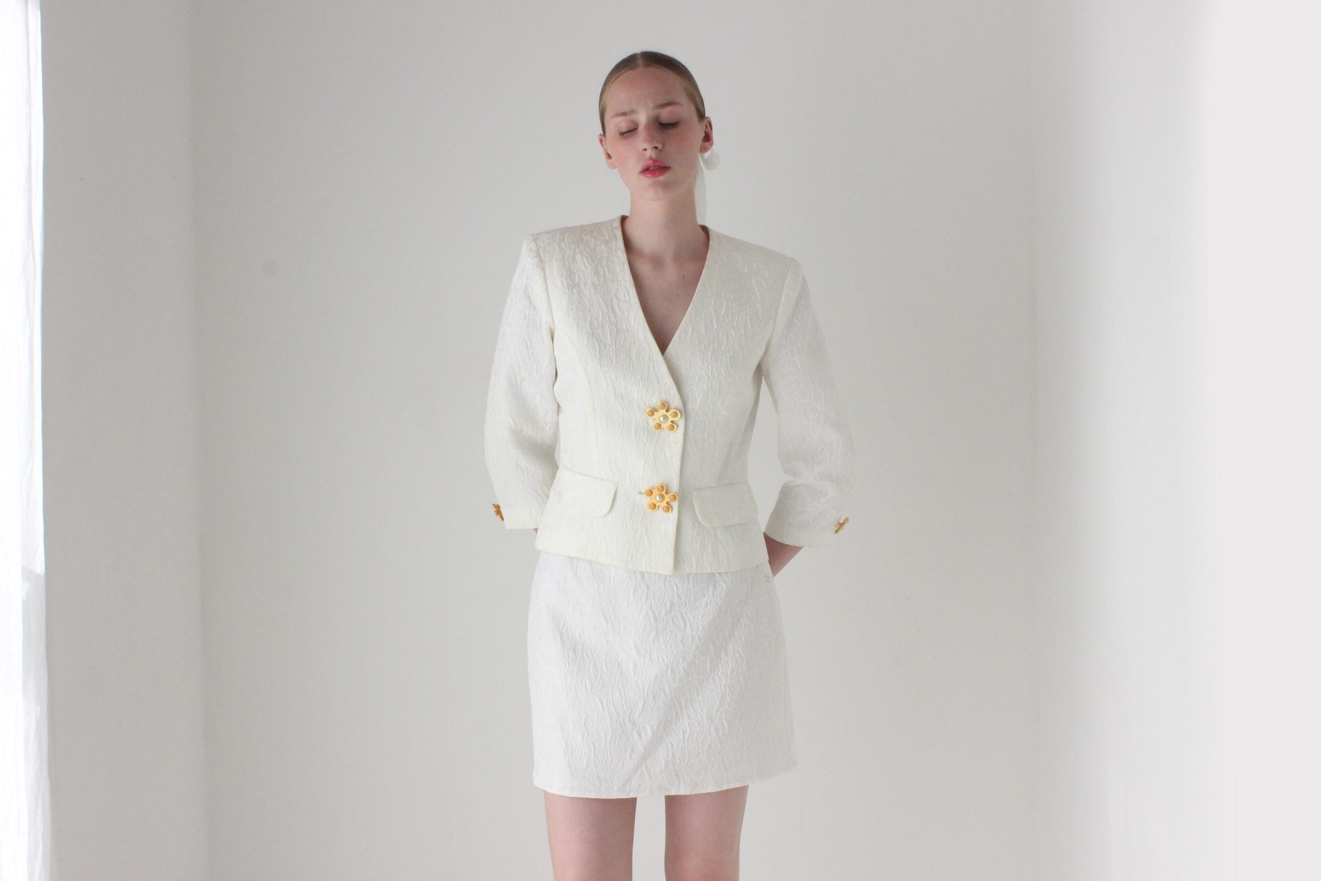 1990s Lisa Ho Bridal Mini Skirt Suit w/ Flower Blob Buttons