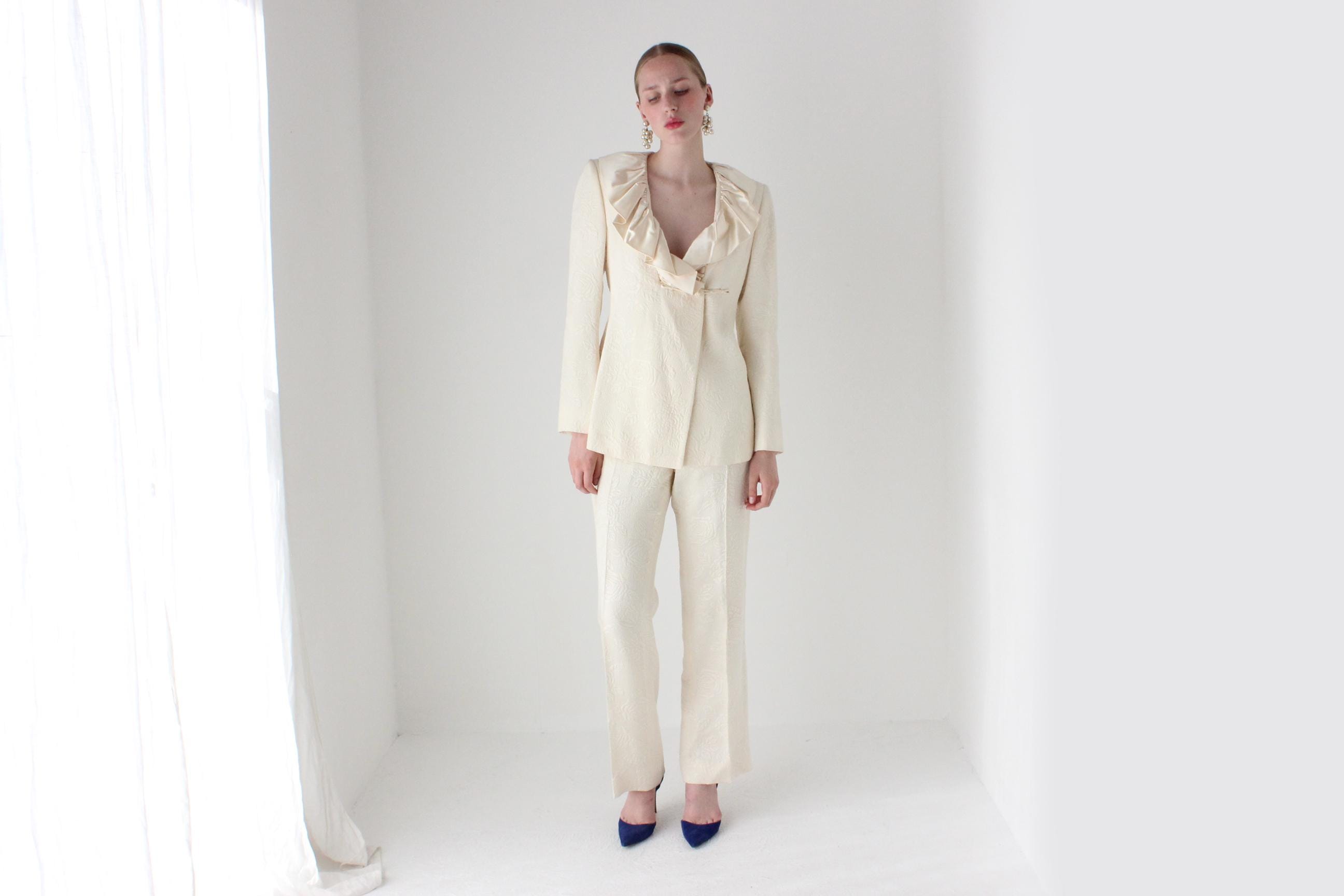 2000s Emmanuel Ungaro Wool & Silk Wedding Pant Suit w/ Harlequin Ruffle Collar