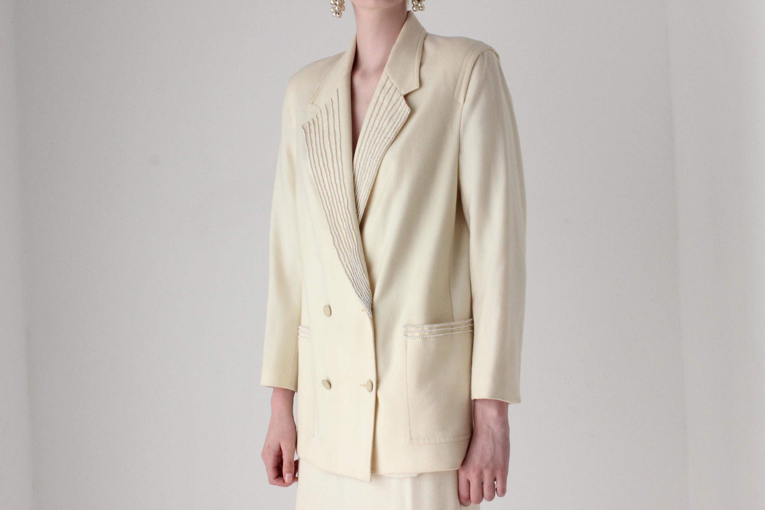 1980s Pure Wool Pearl Encrusted Bridal Skirt Suit