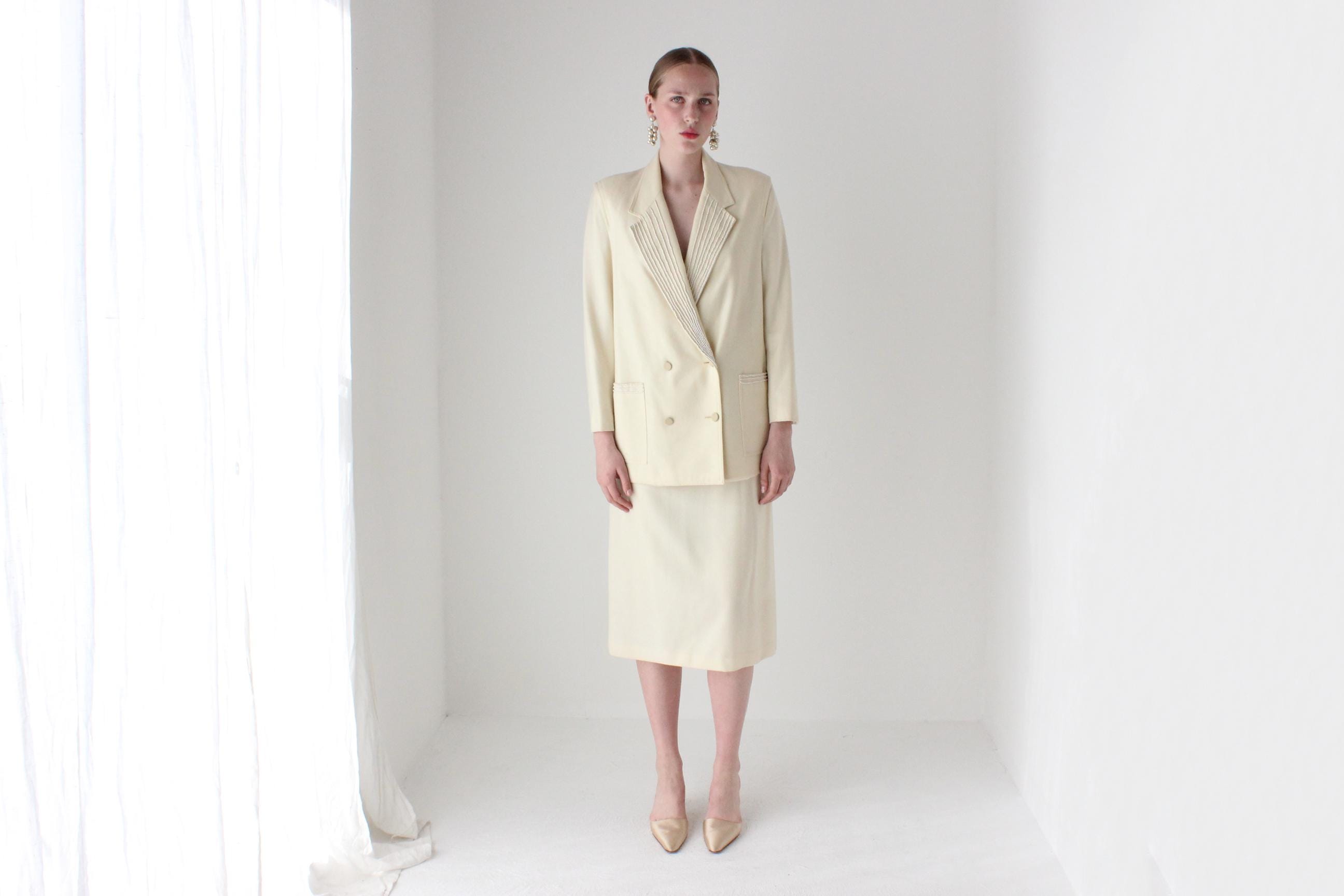 1980s Pure Wool Pearl Encrusted Bridal Skirt Suit