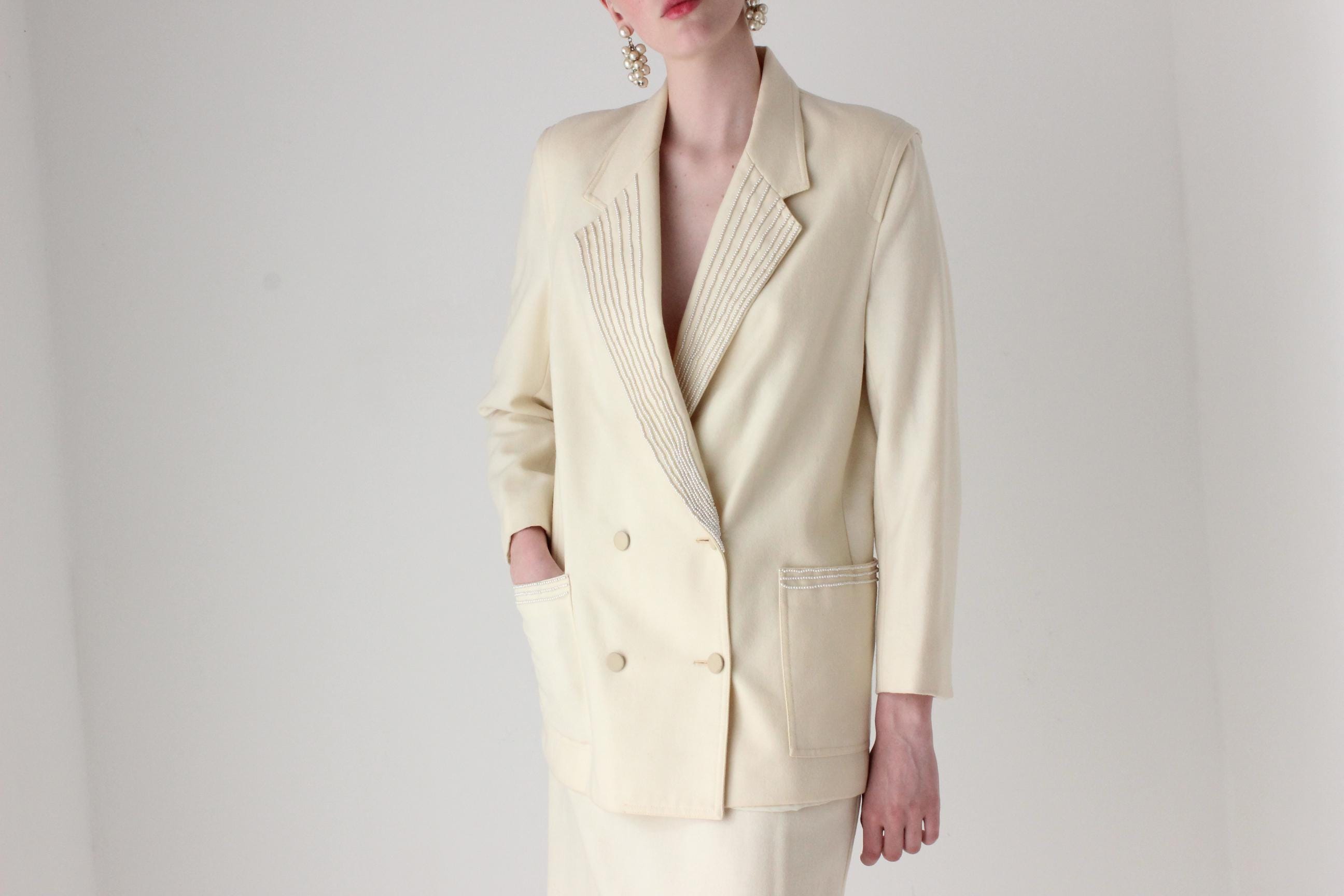 1980s Pure Wool Pearl Encrusted Bridal Skirt Suit