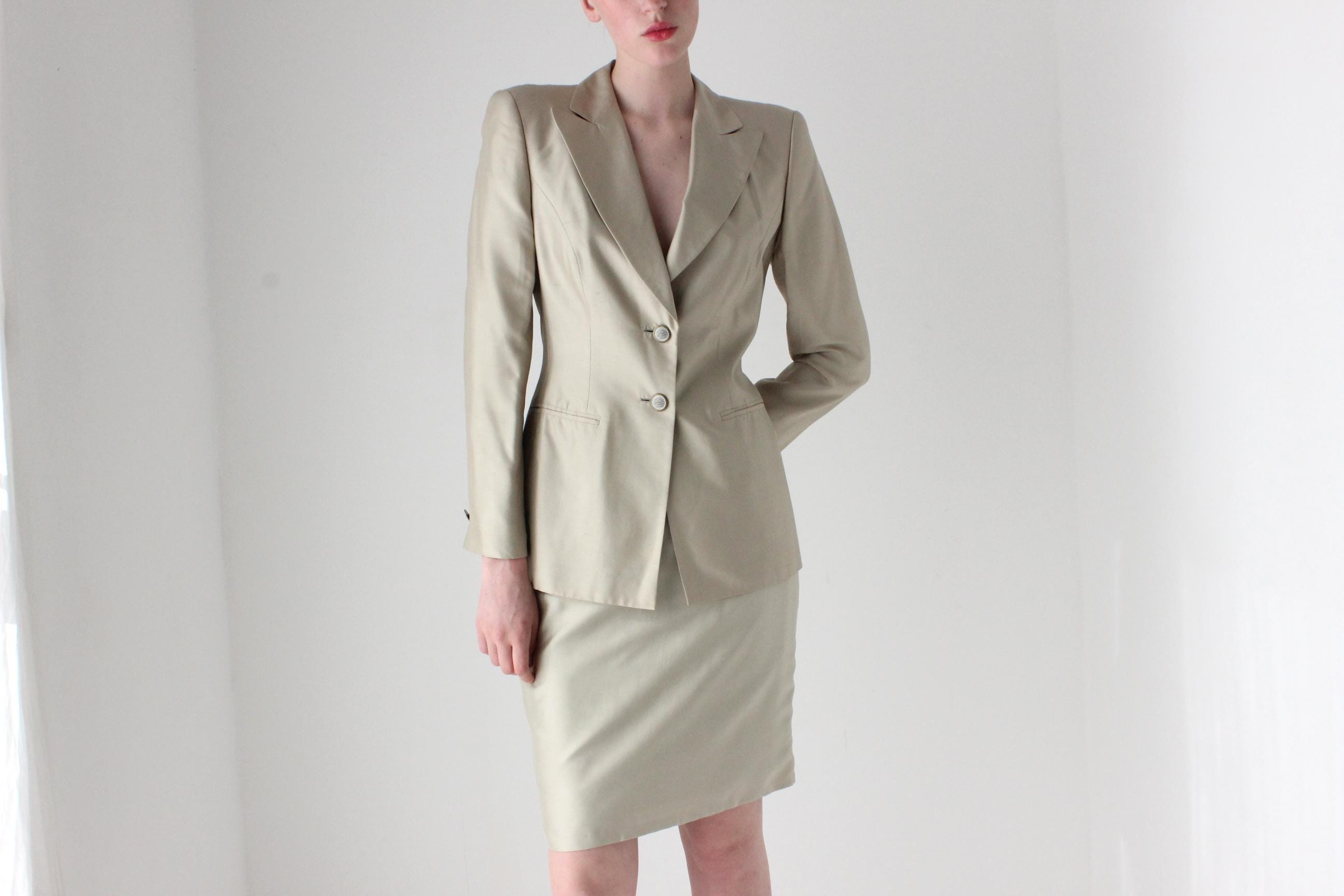 1990s Escada by Margaretha Ley Neutral Silk Skirt Suit