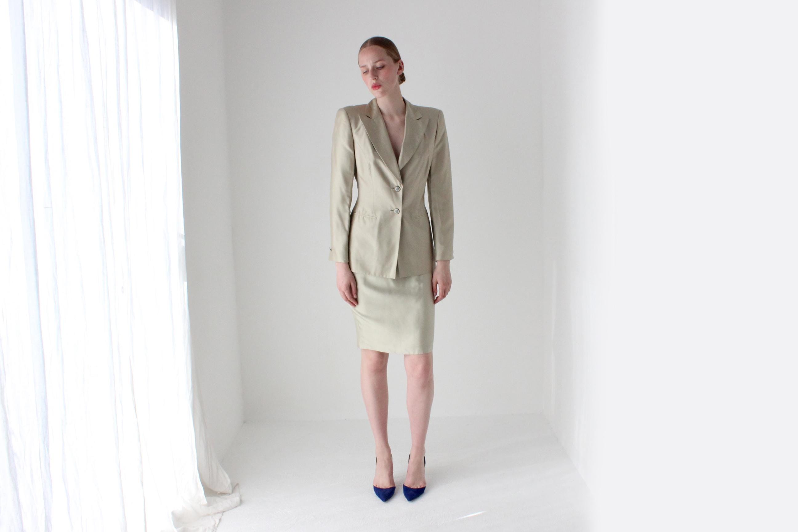 1990s Escada by Margaretha Ley Neutral Silk Skirt Suit