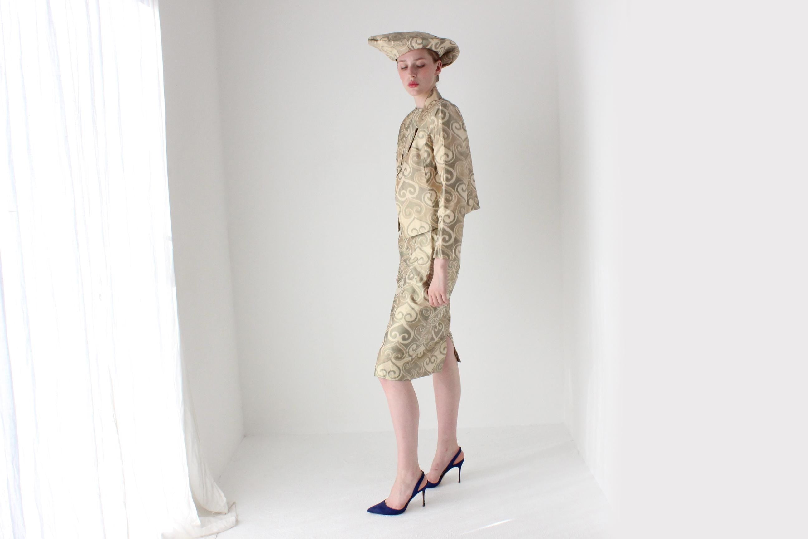 Bespoke 1980s Silk Four Piece Jacket, Dress, Hat & Belt Matching Set