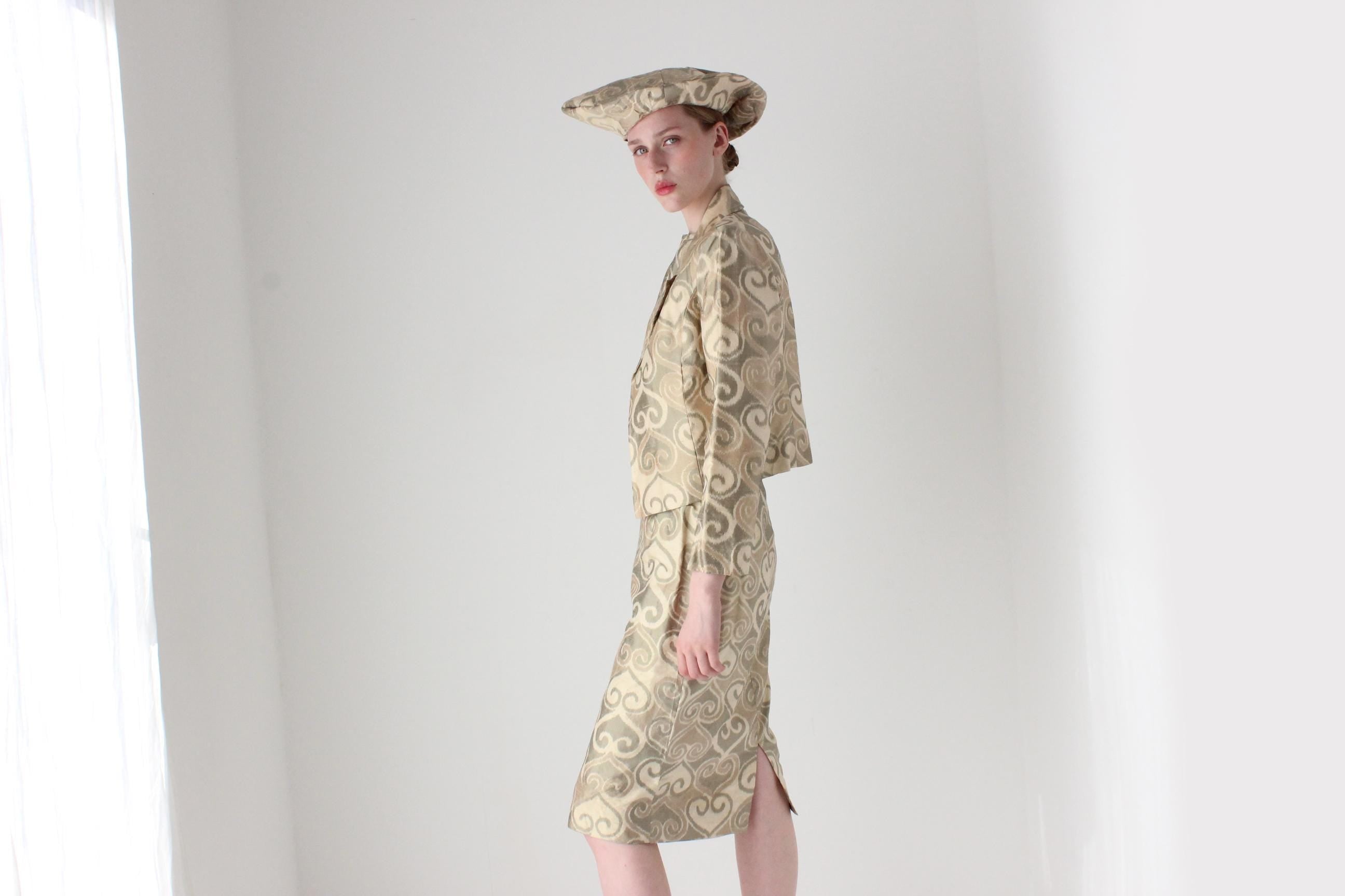 Bespoke 1980s Silk Four Piece Jacket, Dress, Hat & Belt Matching Set