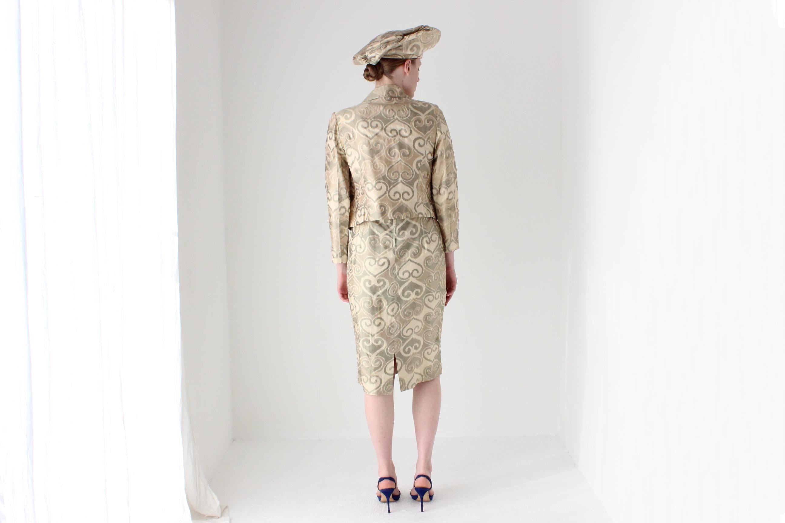 Bespoke 1980s Silk Four Piece Jacket, Dress, Hat & Belt Matching Set