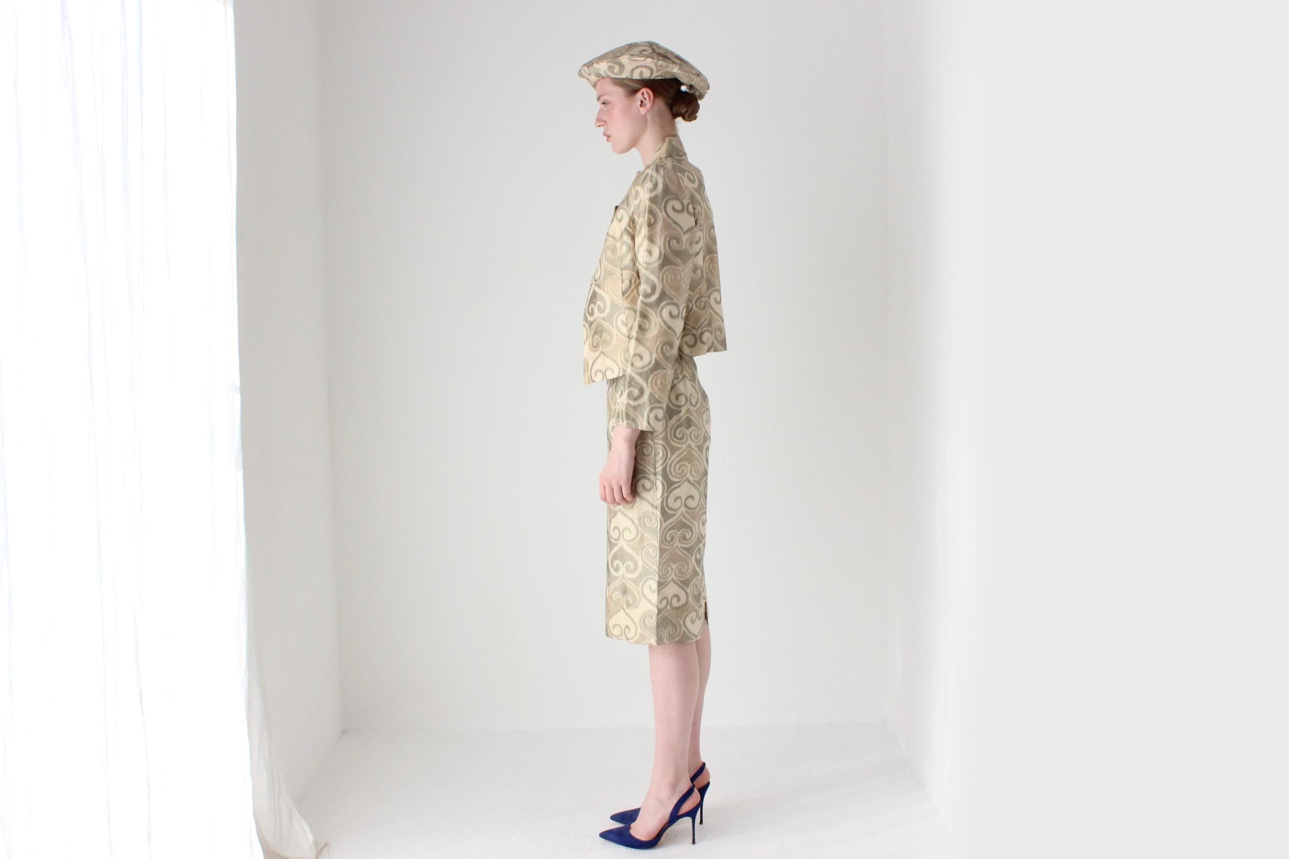 Bespoke 1980s Silk Four Piece Jacket, Dress, Hat & Belt Matching Set