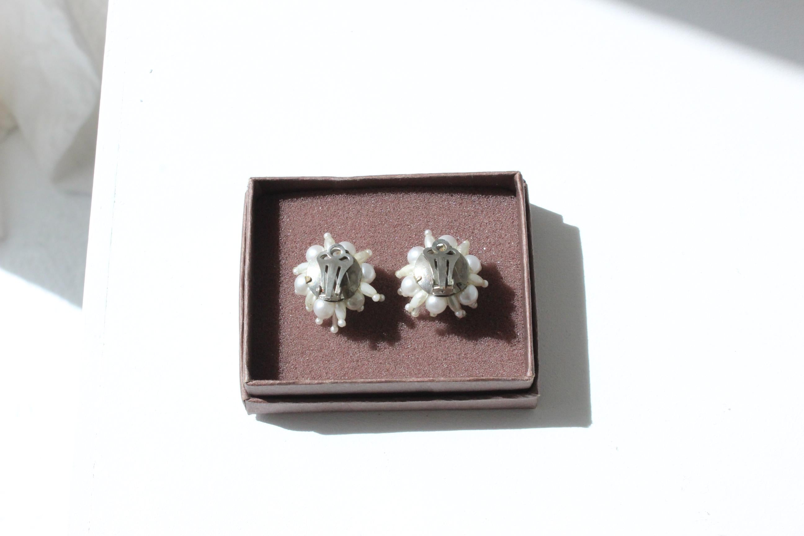 60s Baroque Pearl 'Flower' Cluster Clip On Wedding Earrings