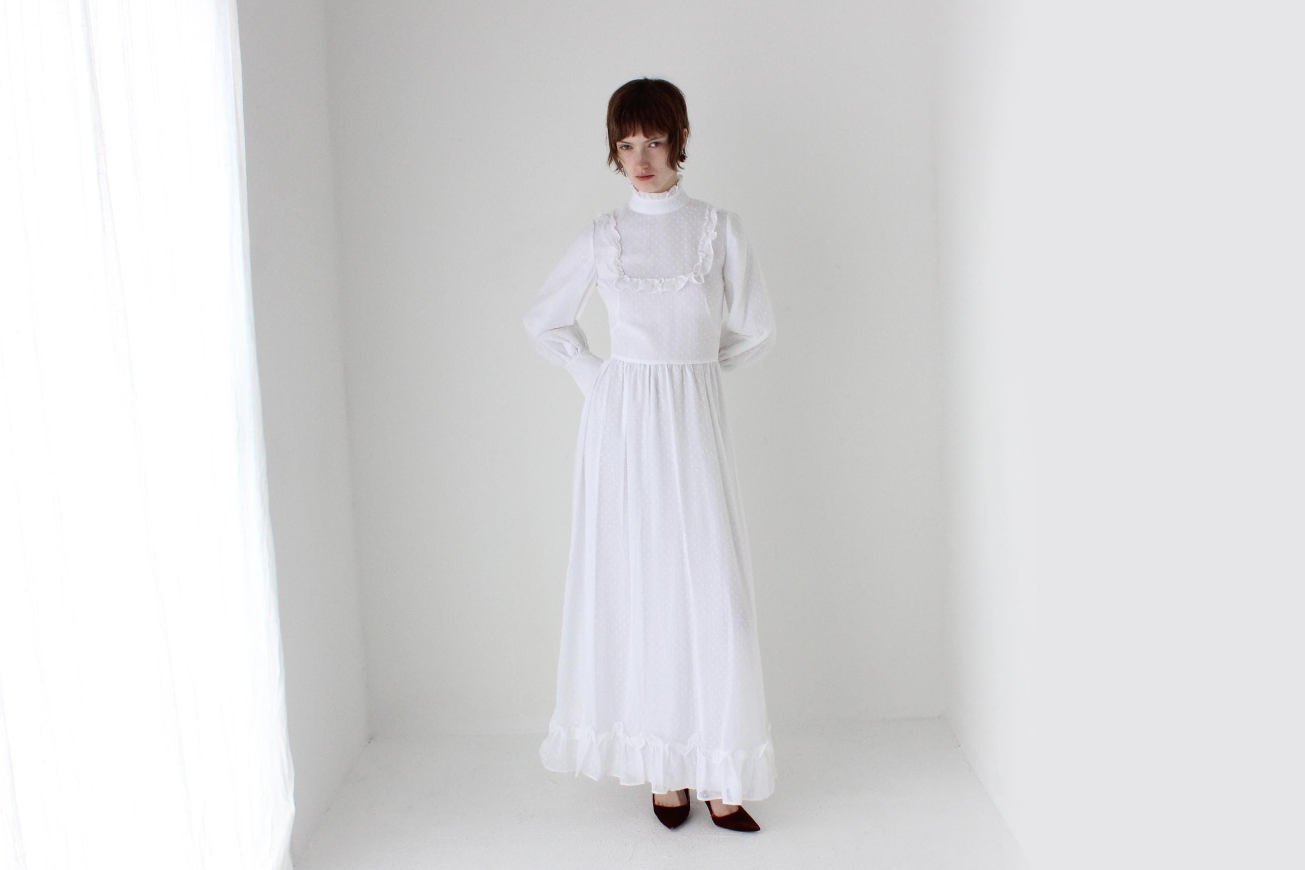 Romantic 1970s White Cotton Long Sleeve Prairie Wedding Dress