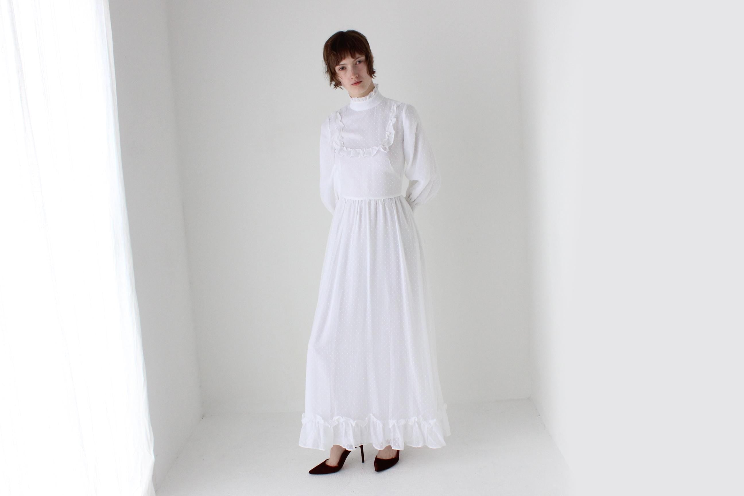 Romantic 1970s White Cotton Long Sleeve Prairie Wedding Dress